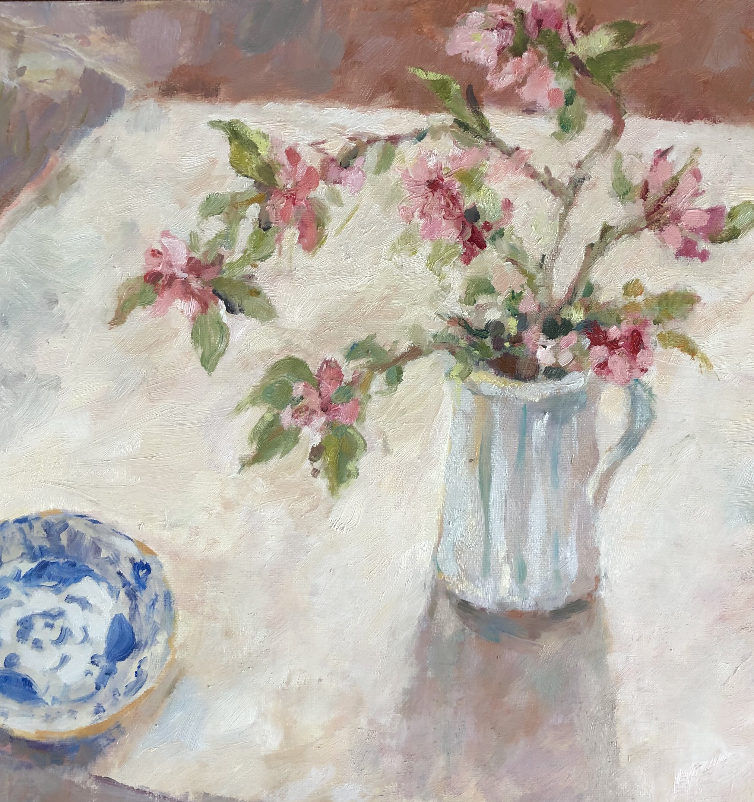 "Apple Blossom and blue saucer" 30cm x 30cm oil on board SOLD