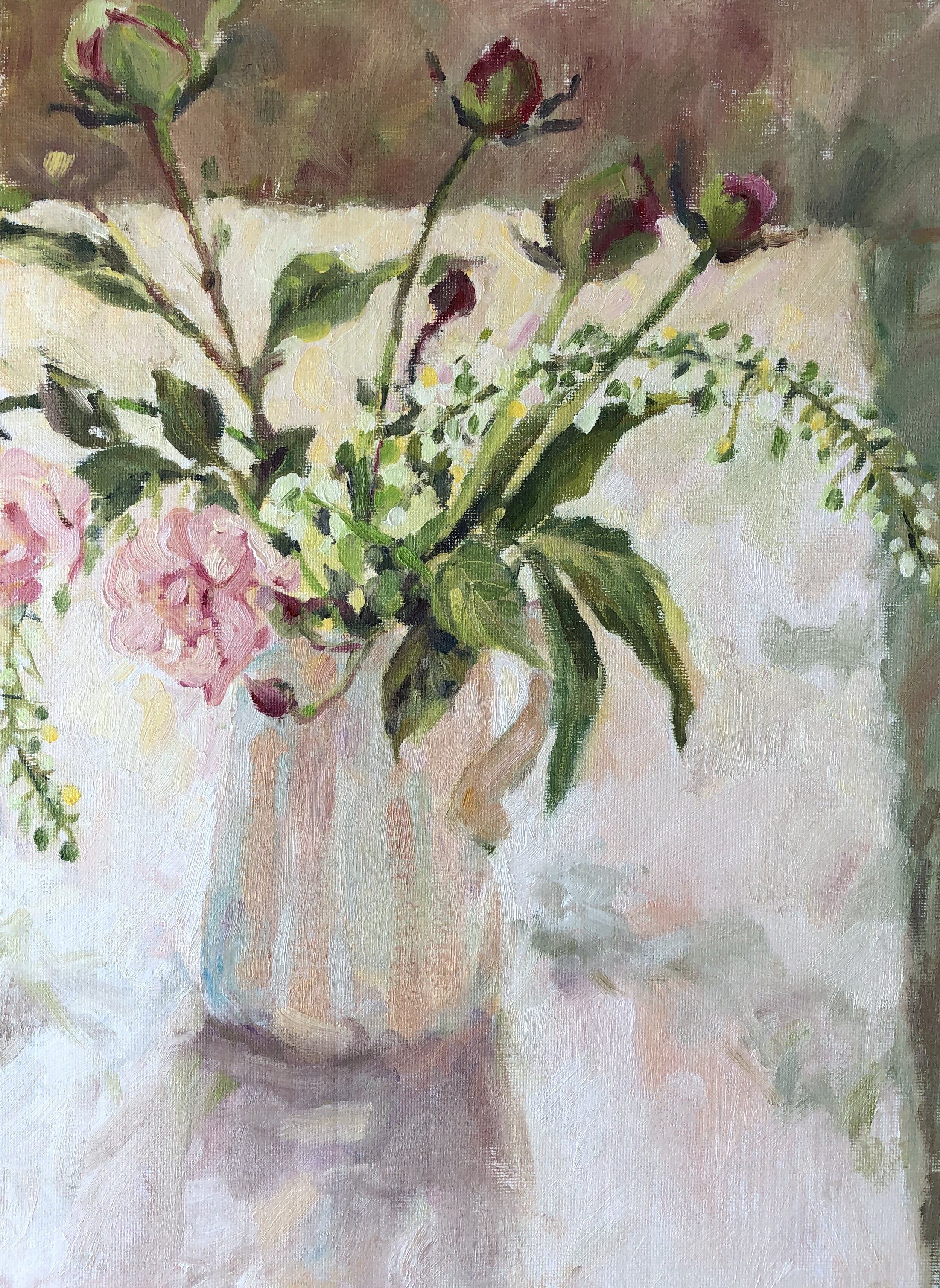 Peonies in a stripy jug