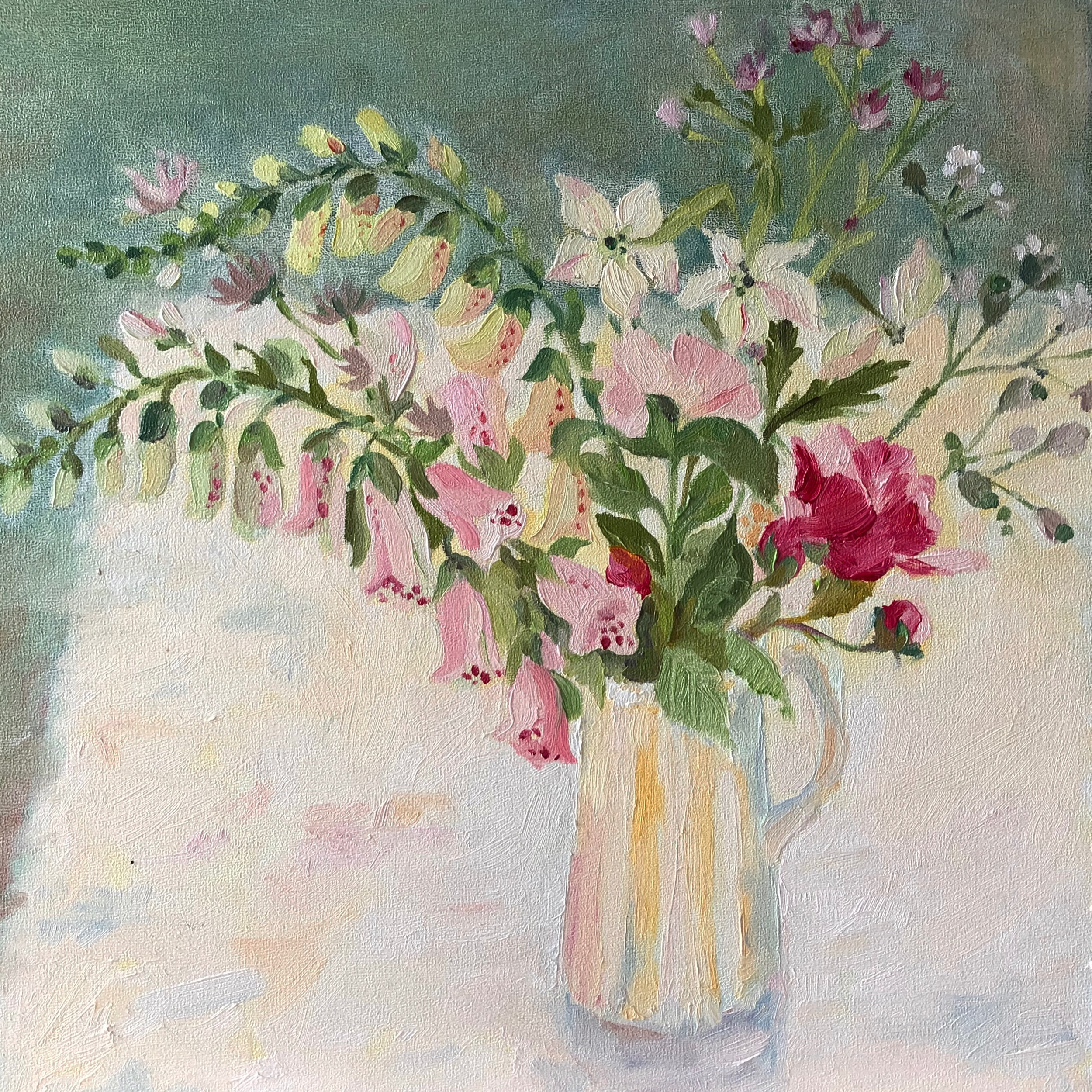 Foxgloves and roses, oil on panel, 20 x 20cm, sold