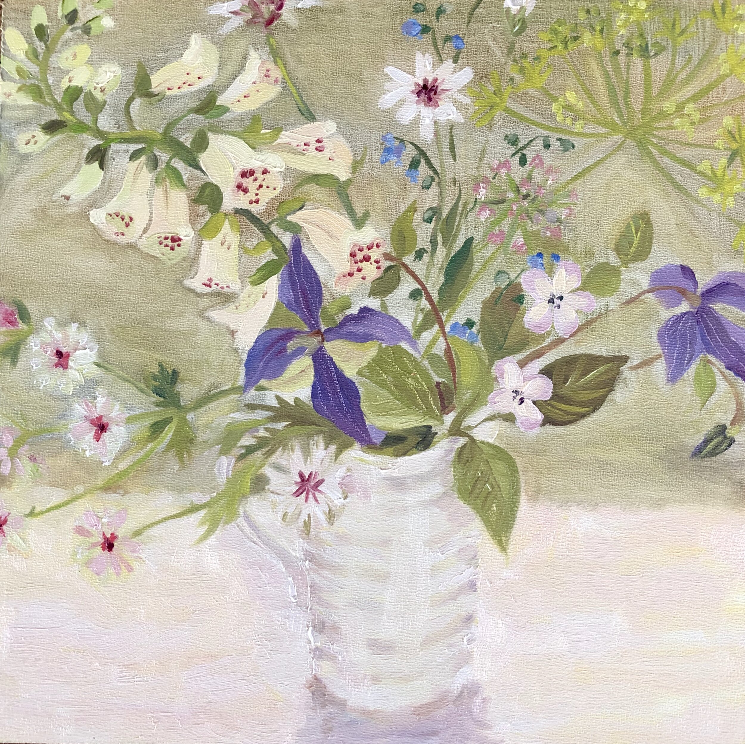 Clematis and Foxgloves, 20cm x 20cm oil on panel, sold