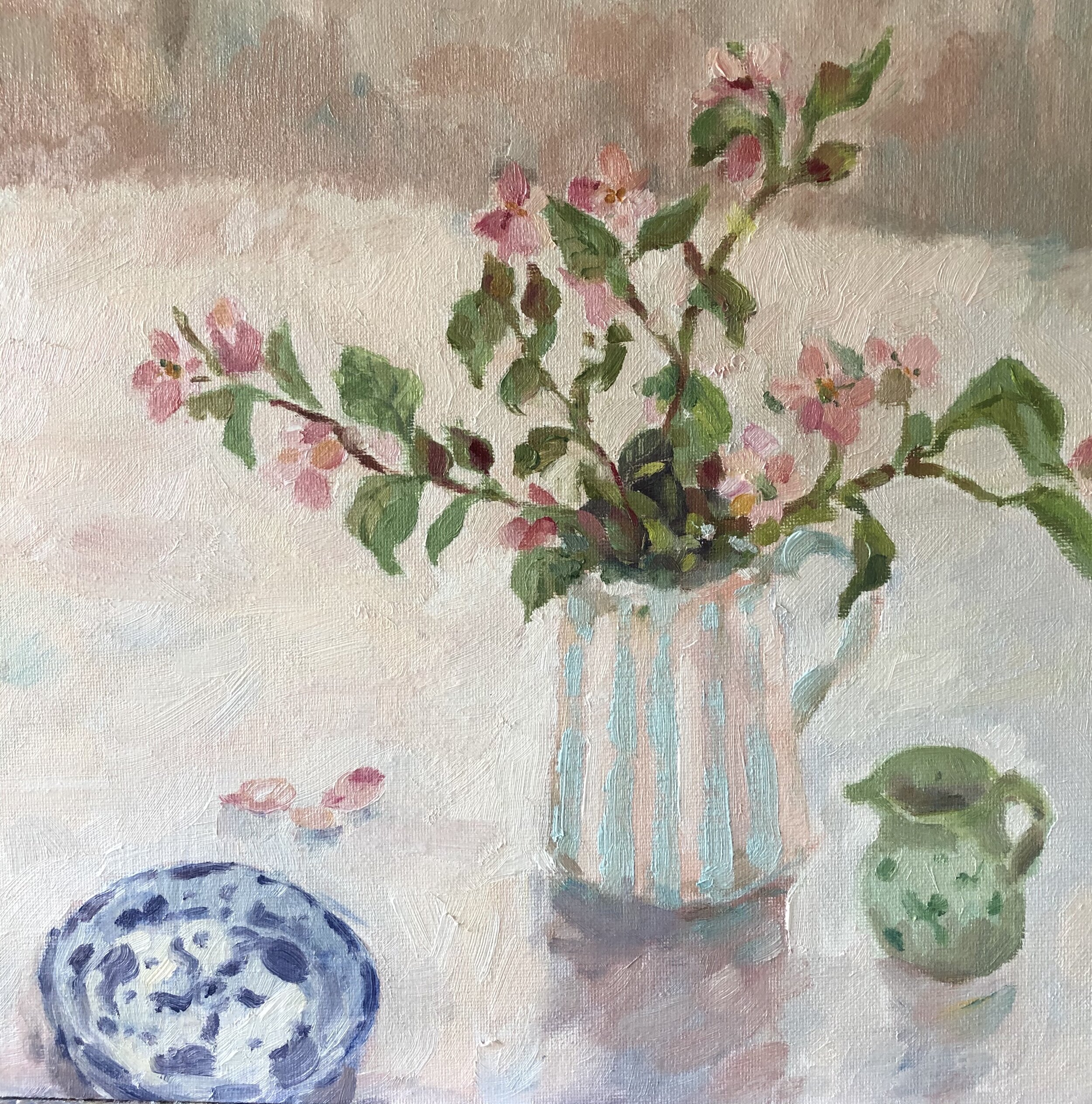 Apple Blossom and Green Jug, oil on panel, 30cm x 30cm