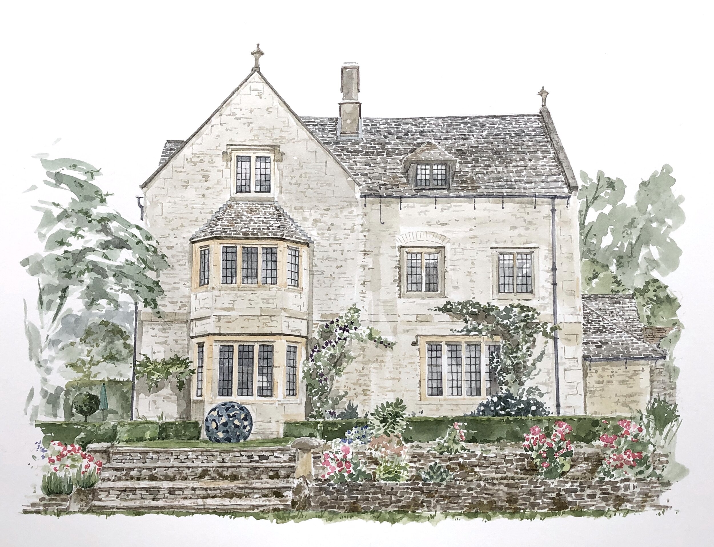 Cotswolds house, watercolour, 50 x 60cm