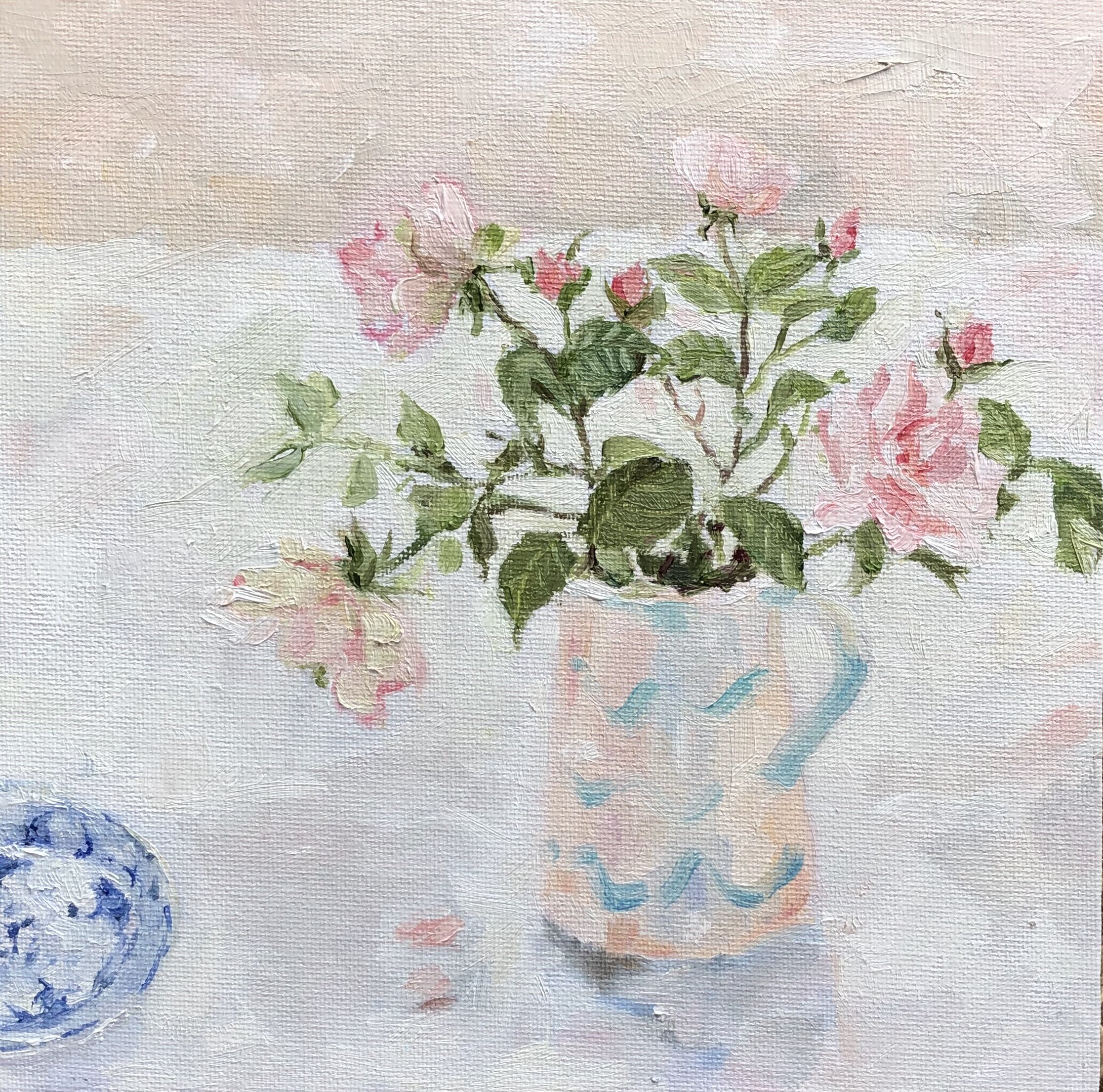 Roses and blue dish, 20 x 20cm. Sold