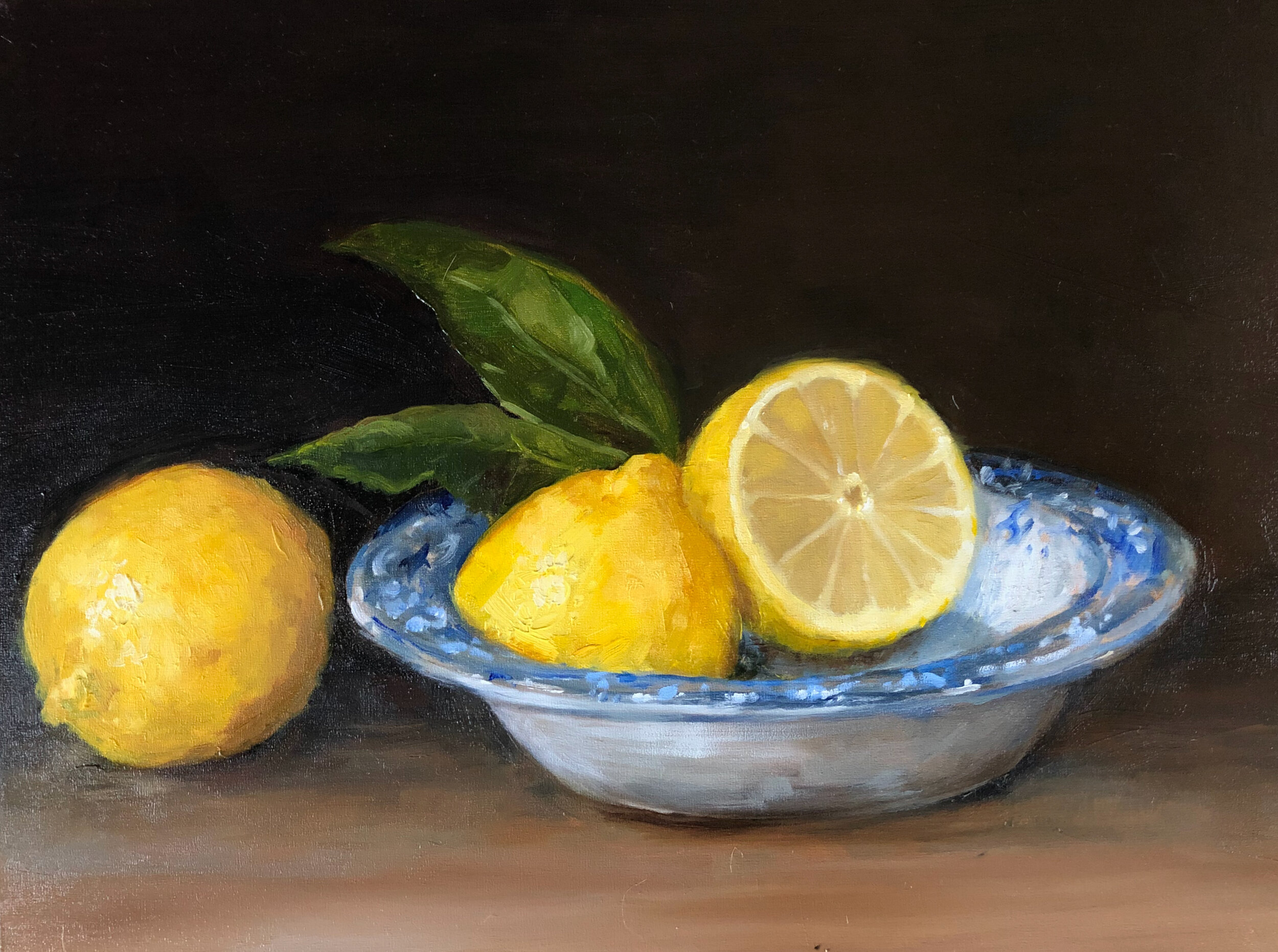 lemons in a blue bowl, oil on panel, sold