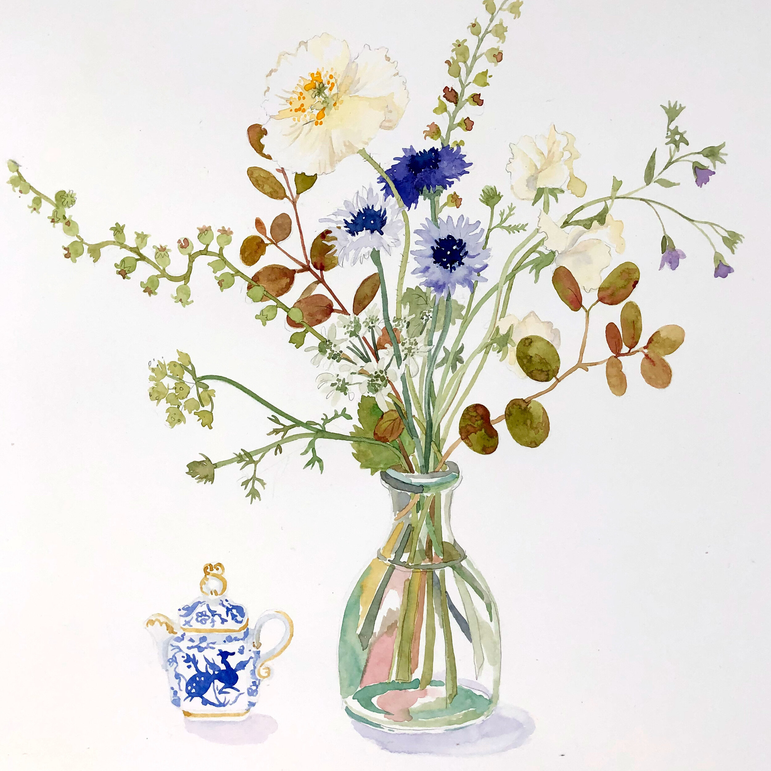 Cornflowers and blue teapot 40cm x 40cm 