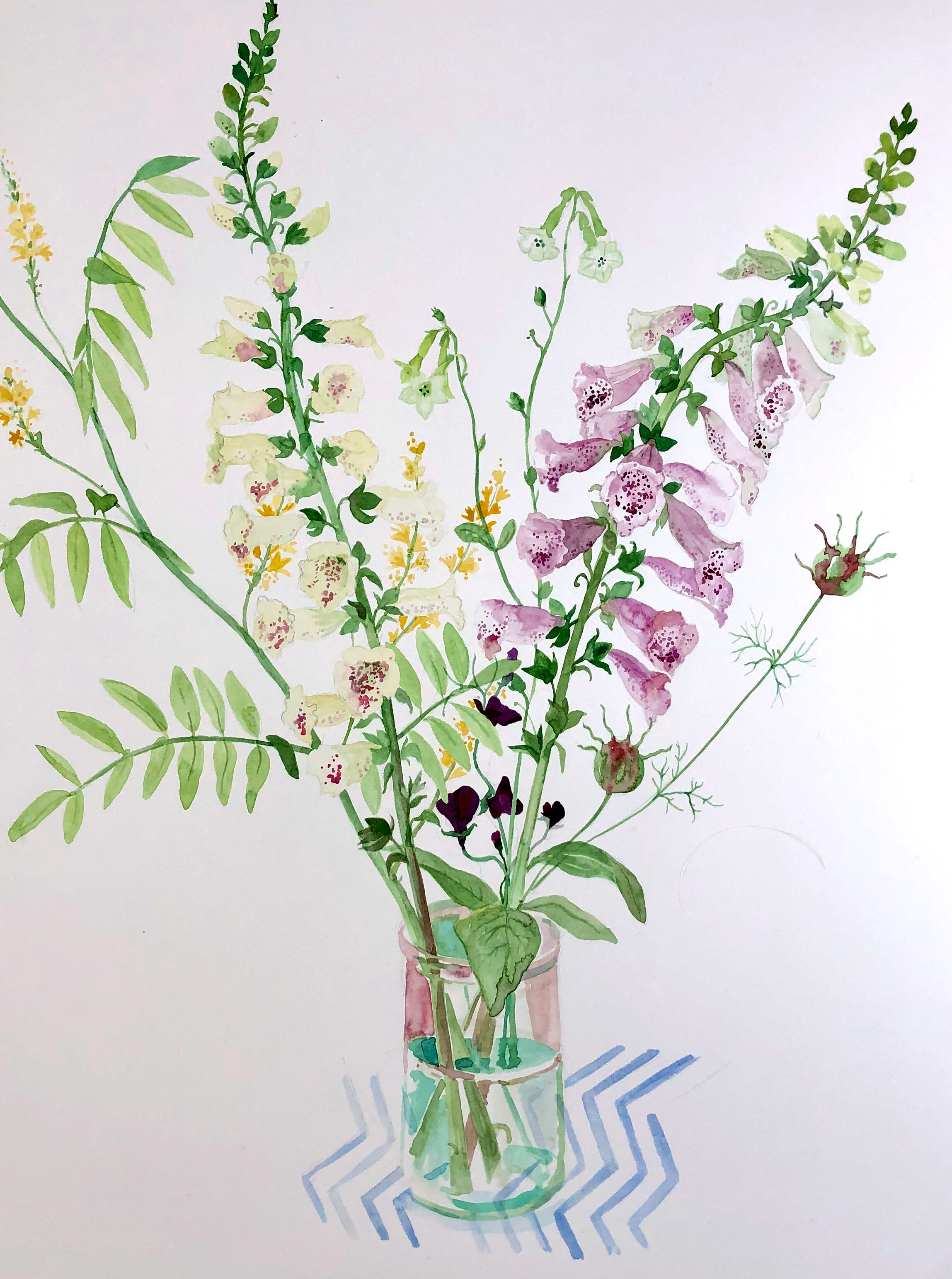 Foxgloves in a glass jar, watercolour, £250