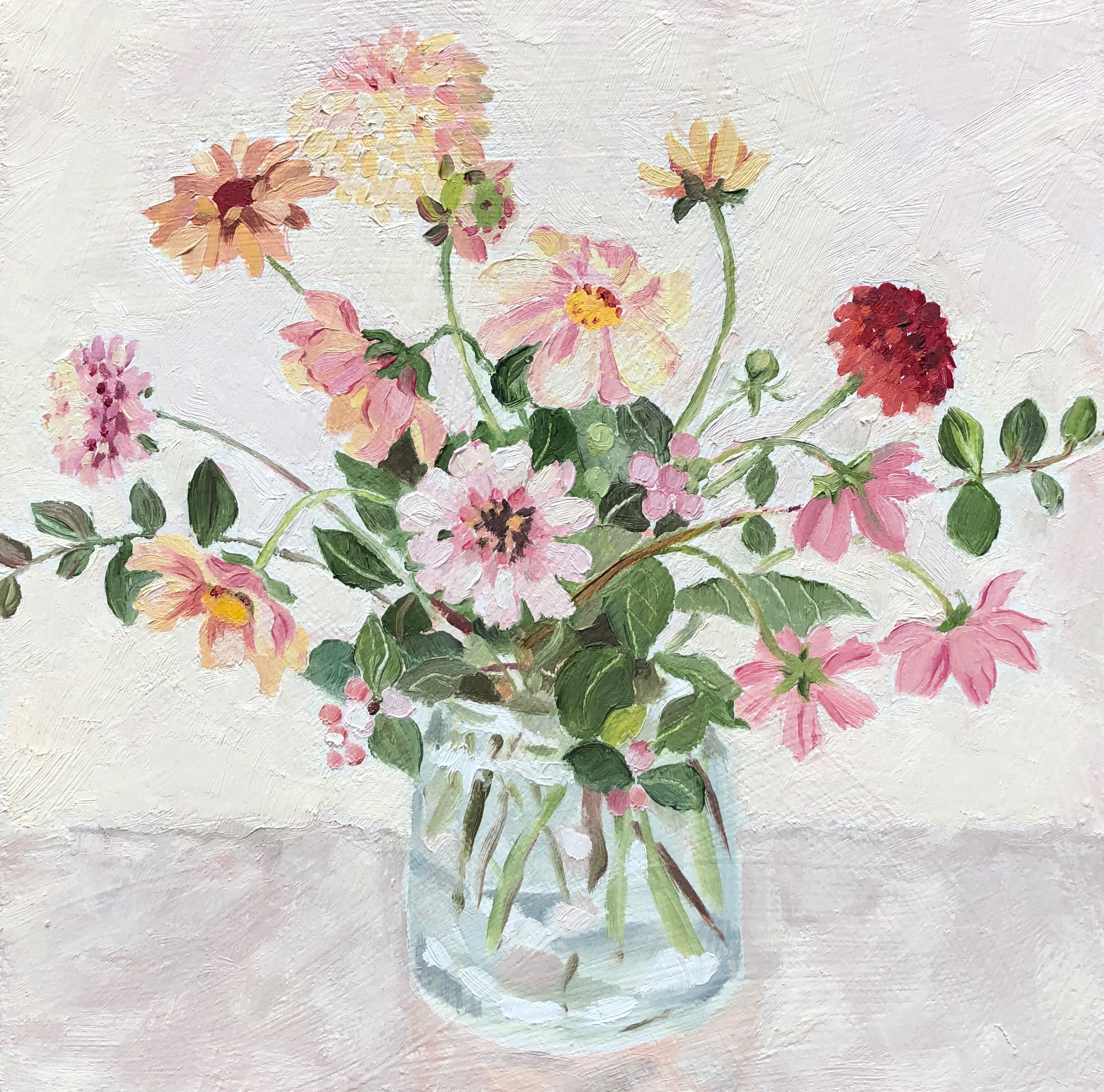 Dahlias and Cosmos, 20 x 20cm, oil on board.  Sold