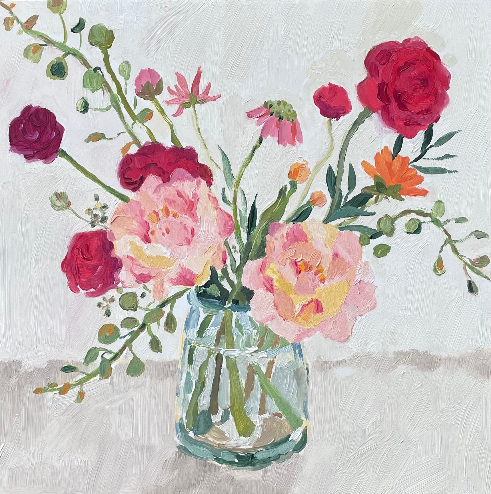 ranunculus and tulips 20 x 20cm oil on panel