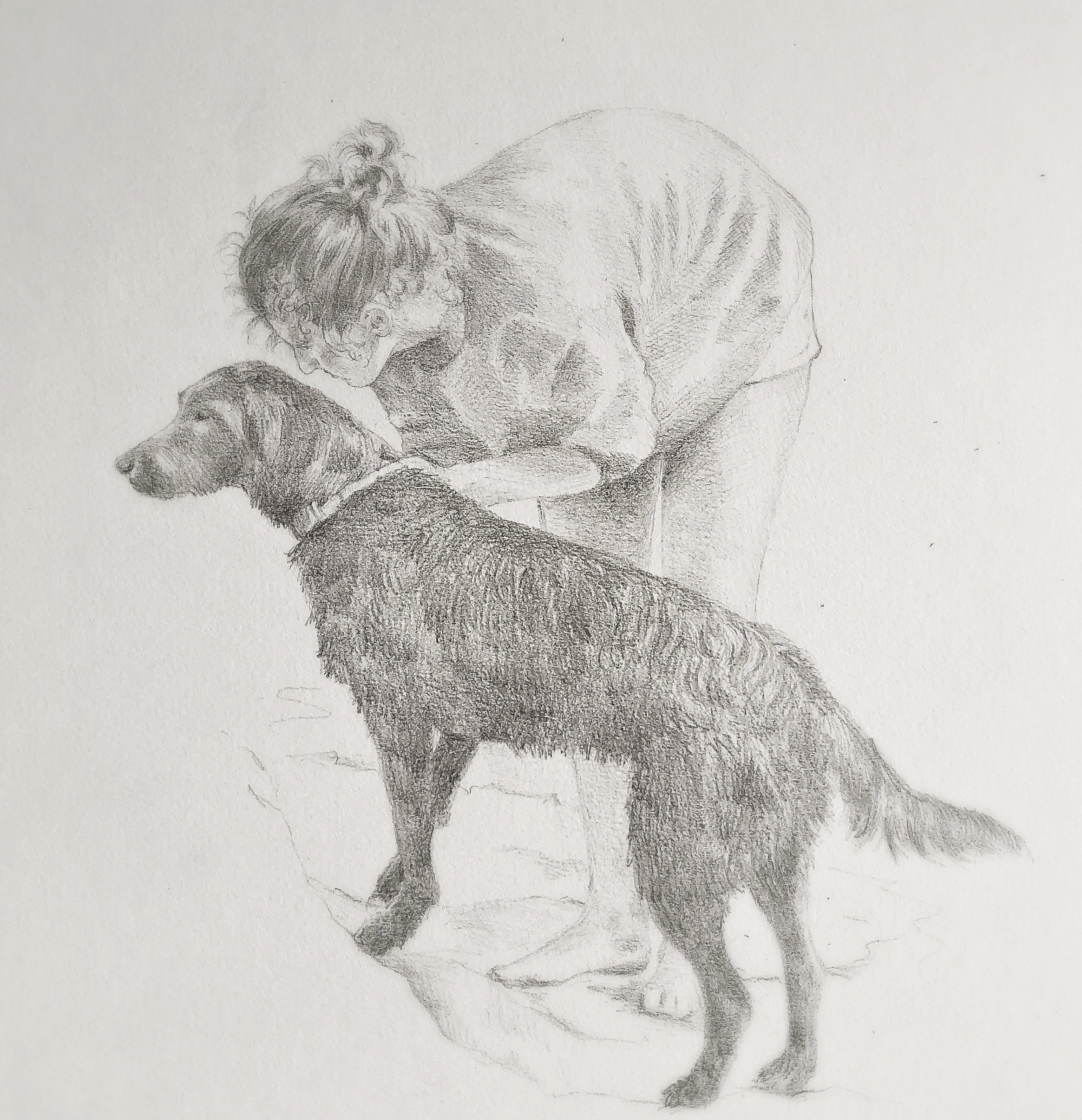 Emma and Abby on the beach, pencil sketch