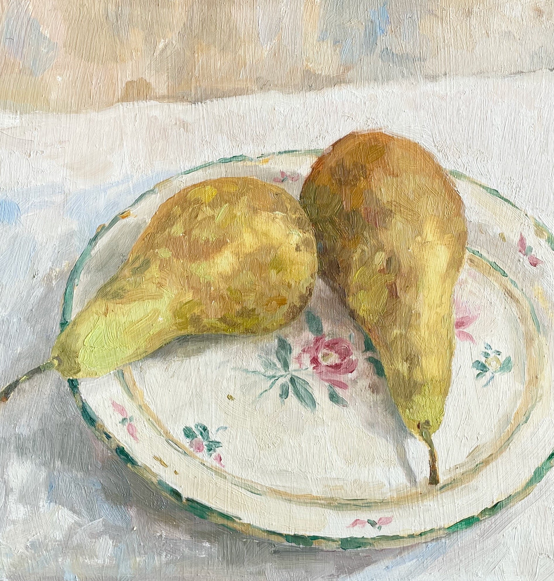 Pears on an antique plate, oil on board,  25 x 25cm