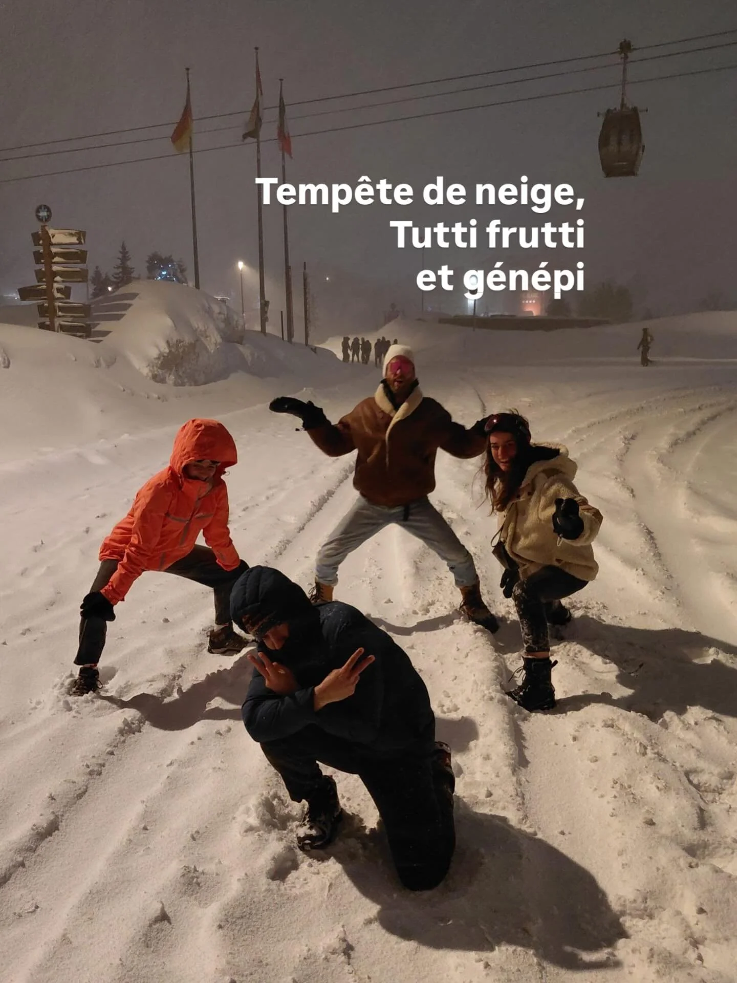 Les tutti frutti font du ski&hellip;
Entre la temp&ecirc;te de neige, les fous rires au g&eacute;n&eacute;pi, les orgies de bouffe, les voitures ensevelies et les d&eacute;neigements, l&rsquo;attente de fou aux remont&eacute;es m&eacute;caniques, les