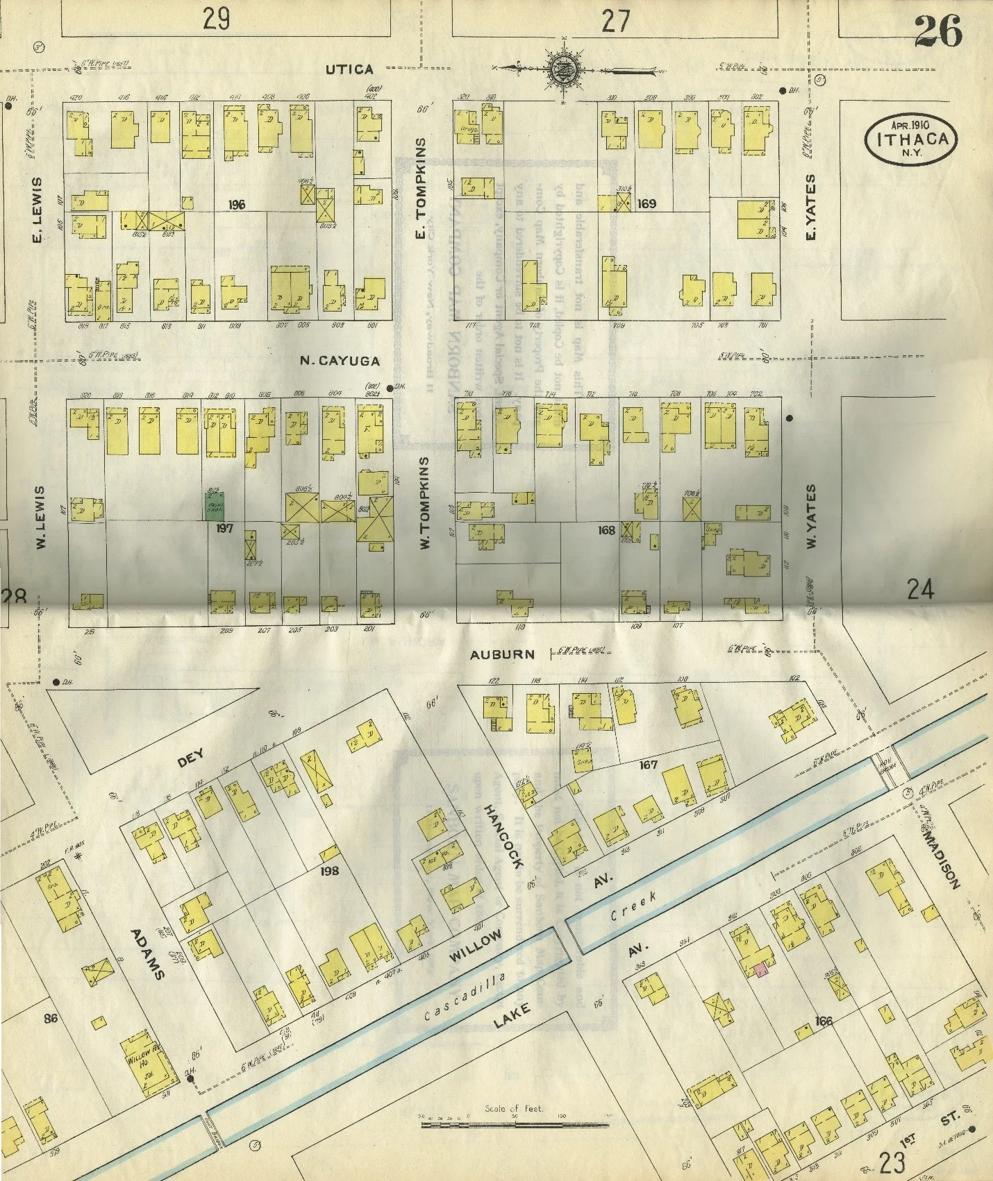 Sanborn map of Ithaca from 1910. The yellow designates wood siding, and the letter D represents dwelling. The only building not colored yellow is labeled “print shop.” The color green designates a hazardous risk; in this case probably because of the inks used in the printing process.