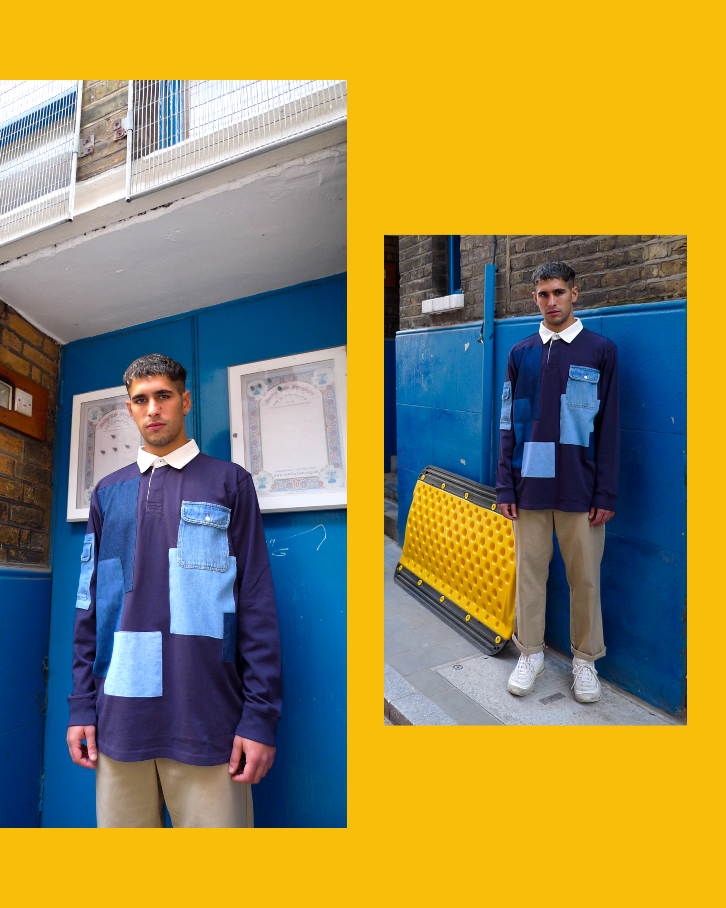Giacomo wears a ATIKA Studio Rugby Shirt made from 100% cotton and patched with vintage fabrics.