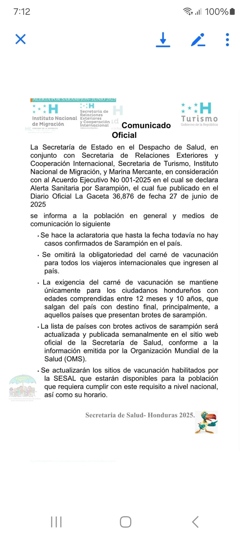 Honduras government official statement withdrawing the measles vaccination entry requirement, July 2025