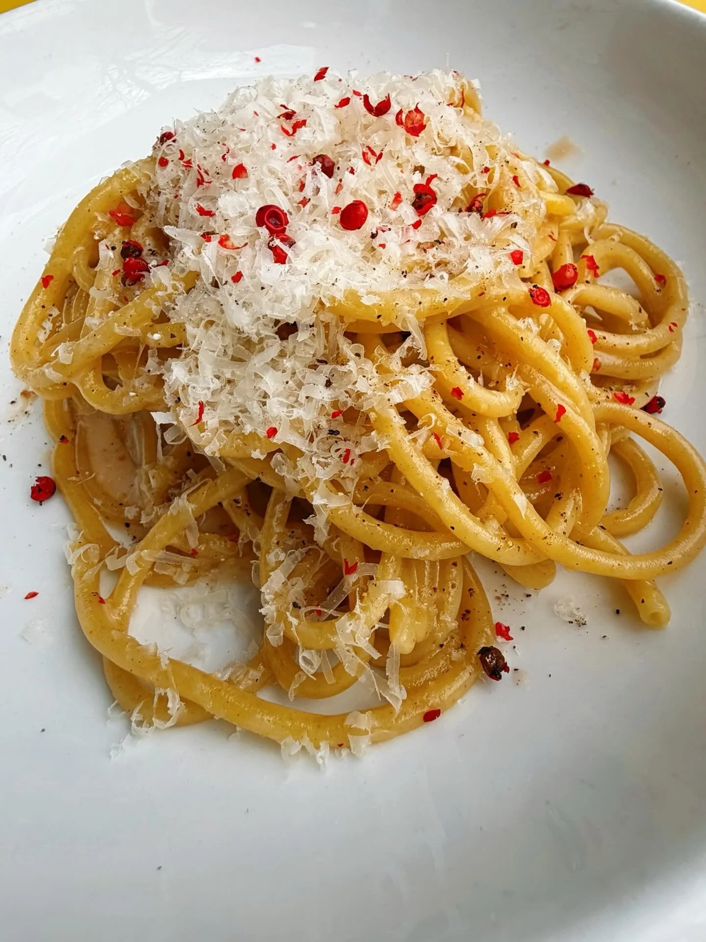 Introducing the new Chef&rsquo;s Pasta | Bucatini Cacio e Pepe | pecorino, parmigiano reggiano, black &amp; pink peppercorns