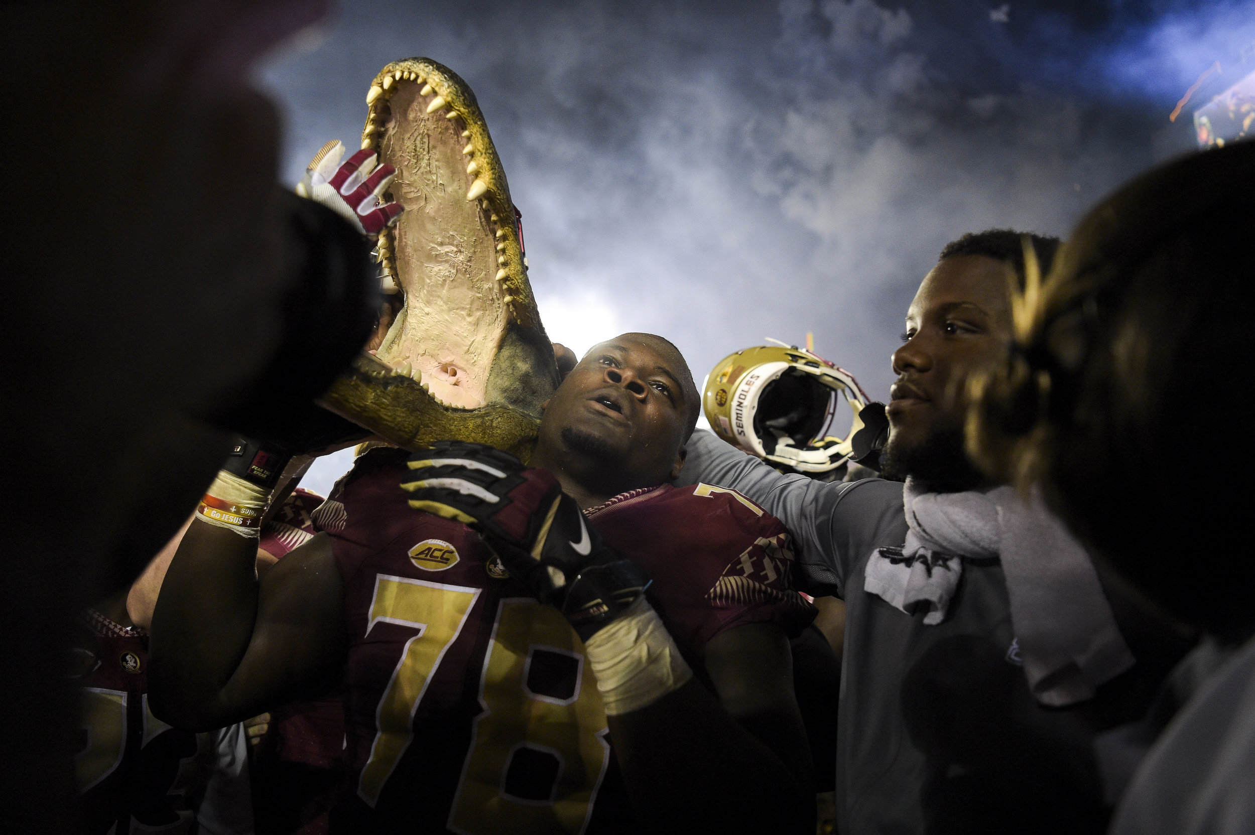  Florida State Seminoles offensive lineman Wilson Bell (78) carries a gator head after the game between the Florida State Seminoles and the Florida Gators at Doak Campbell Stadium in Tallahassee, FL. The Florida State Seminoles beat the Florida Gator