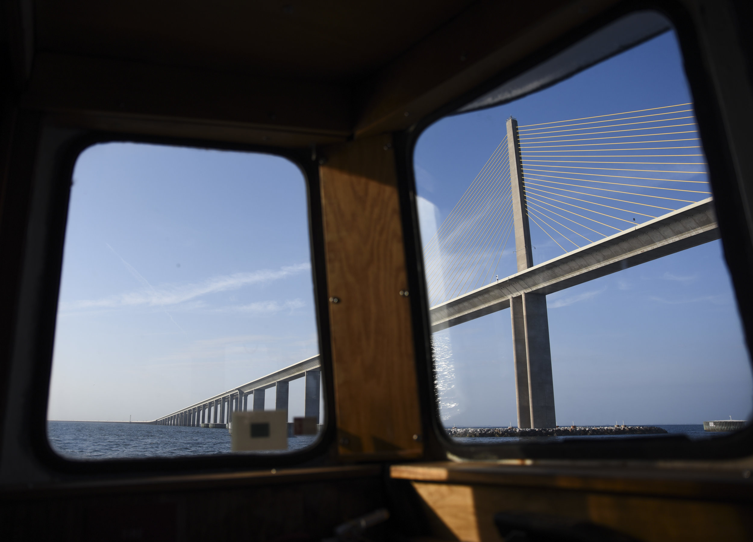  The underside of the Sunshine Skyway Bridge in Tampa Bay is seen from the bridge of the R/V Bellows as it makes its way out into the Gulf of Mexico. 