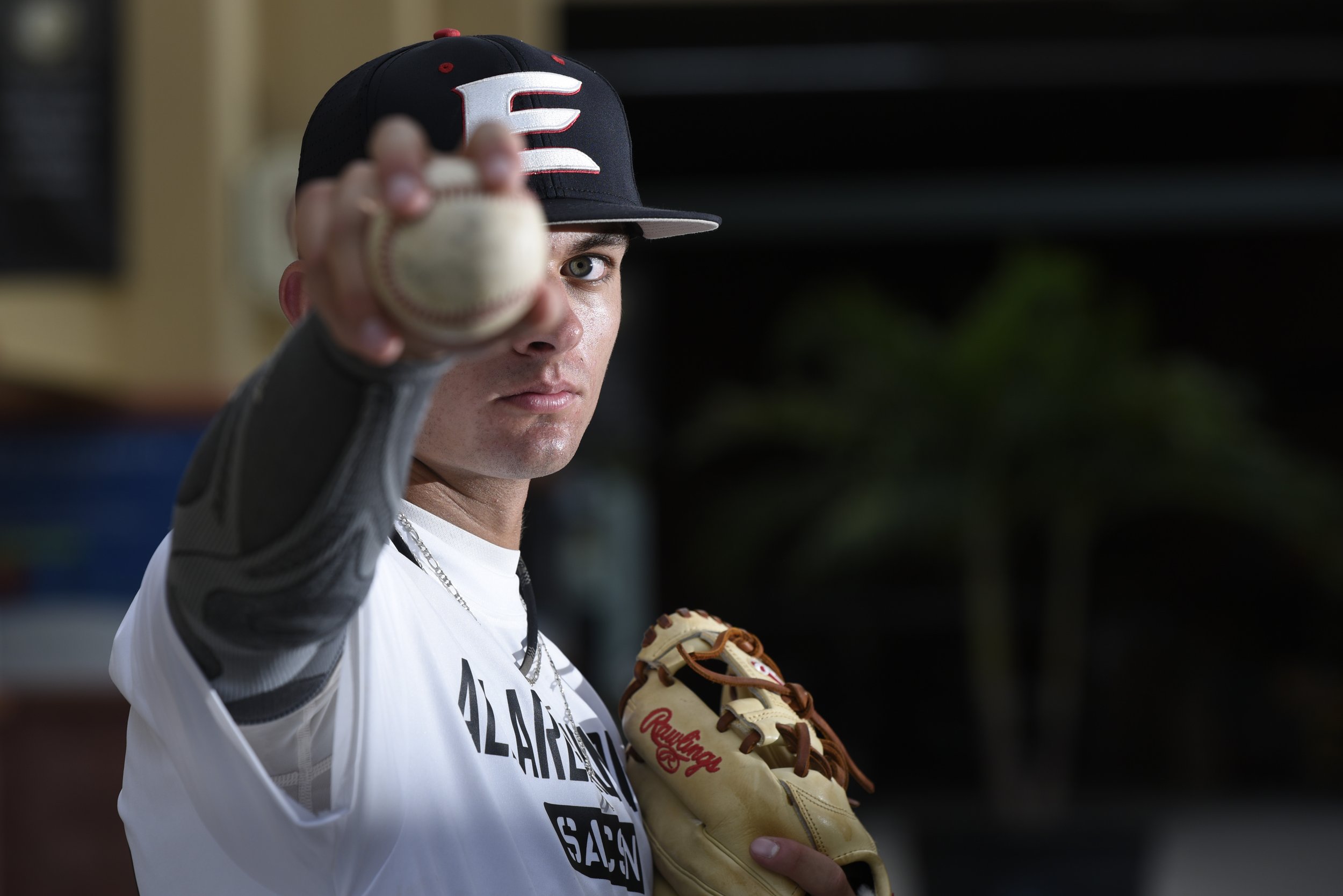  Sixteen-year-old right-hand pitcher Dalton Strickland of Good Hope, Georgia, poses for a portrait at Roger Dean Stadium in Jupiter, FL 