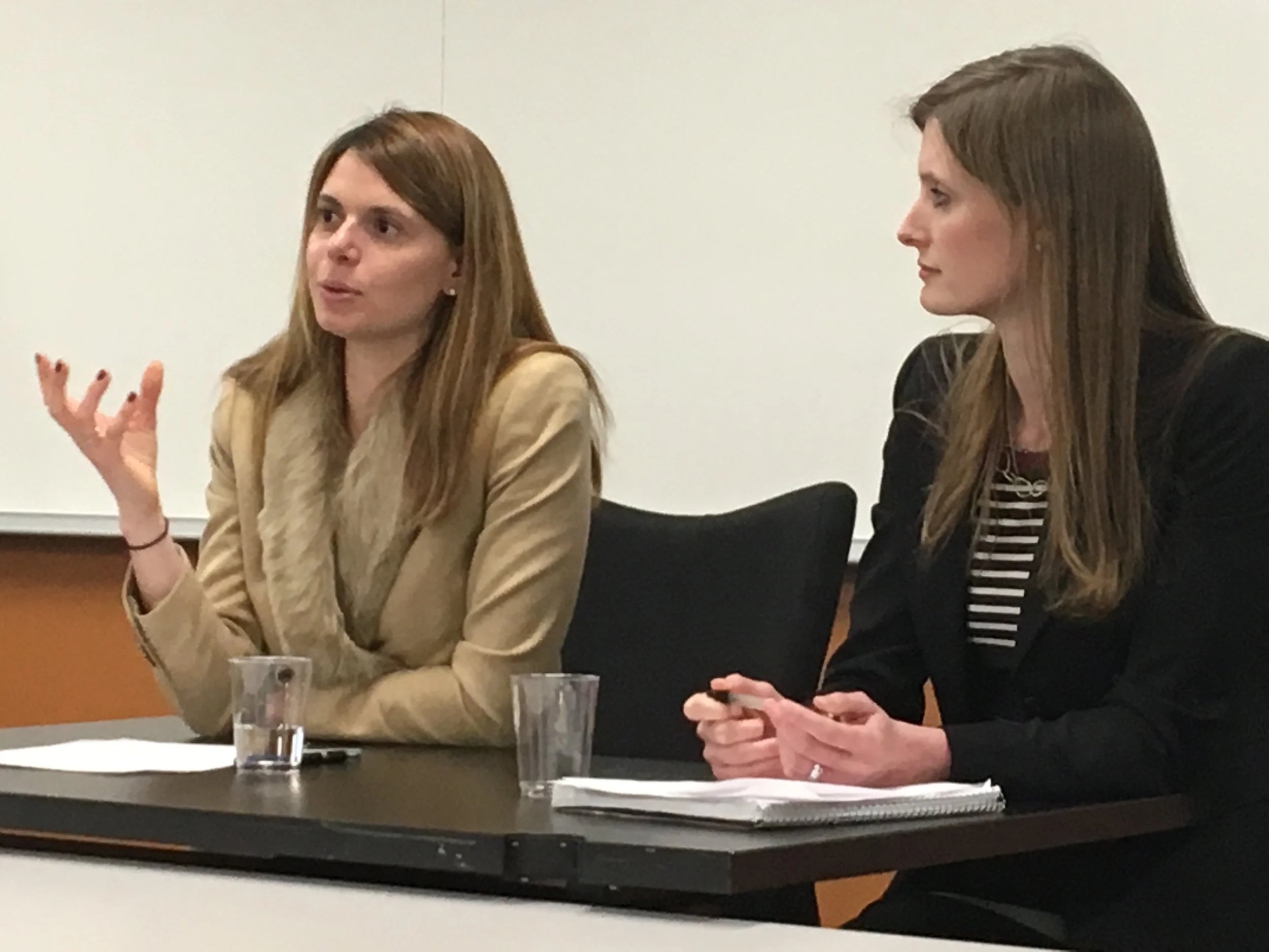 Sara Solow (L) addresses Georgetown Law students during an interview with Institute Executive Director Alexandra Givens (R)