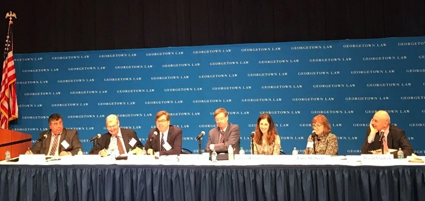 The FTC’s Bilal Sayyed (l) moderates a panel with former Asst. Attorney General for Antitrust James Rill, former Chair of the Council of Economic Advisors Jason Furman, former FTC Commissioner Tim Muris, Alysa Hutnik, Janet McDavid and Professor David Vladeck