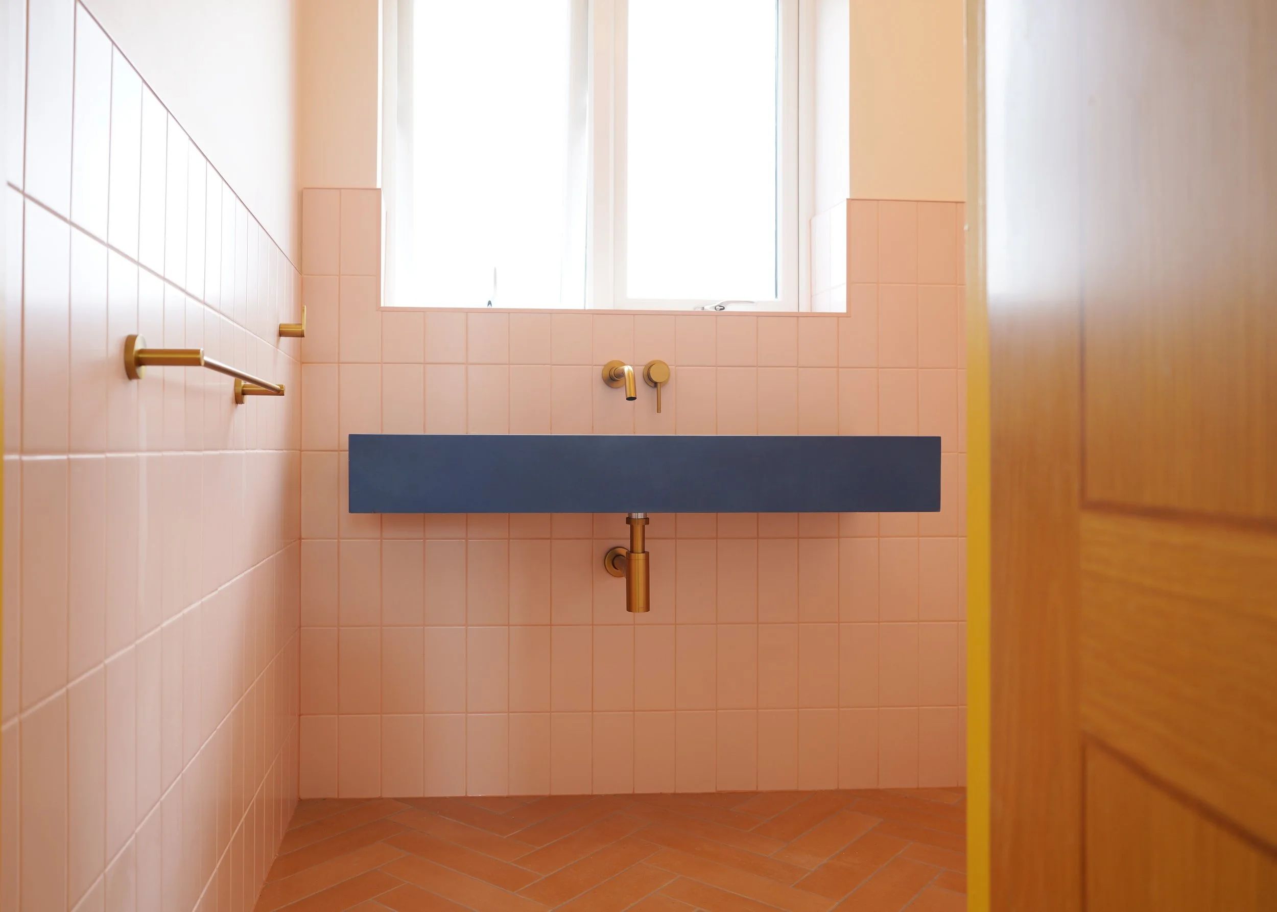 Blue wall hung wash basin, bathroom renovation sheffield