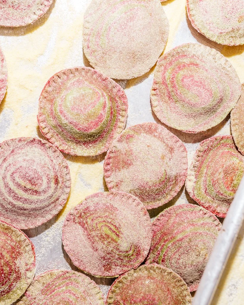 top down hand-made beet ravioli  (Copy)