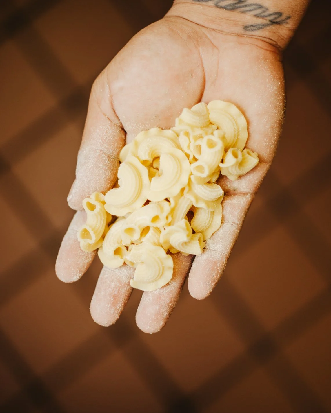 hand holding fresh made creste di gallo pasta (Copy)