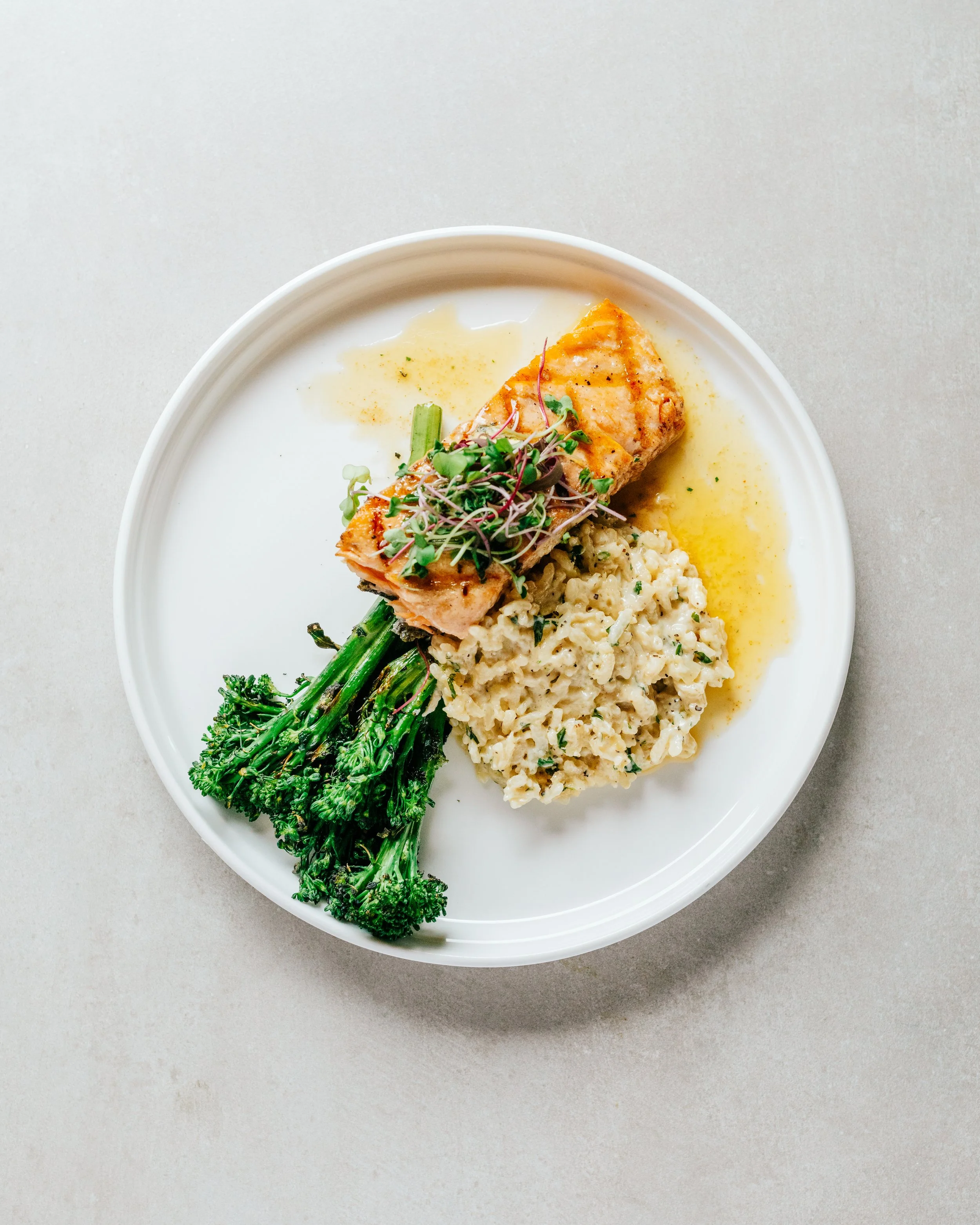 top down salmon, broccolini, and risotto  (Copy)