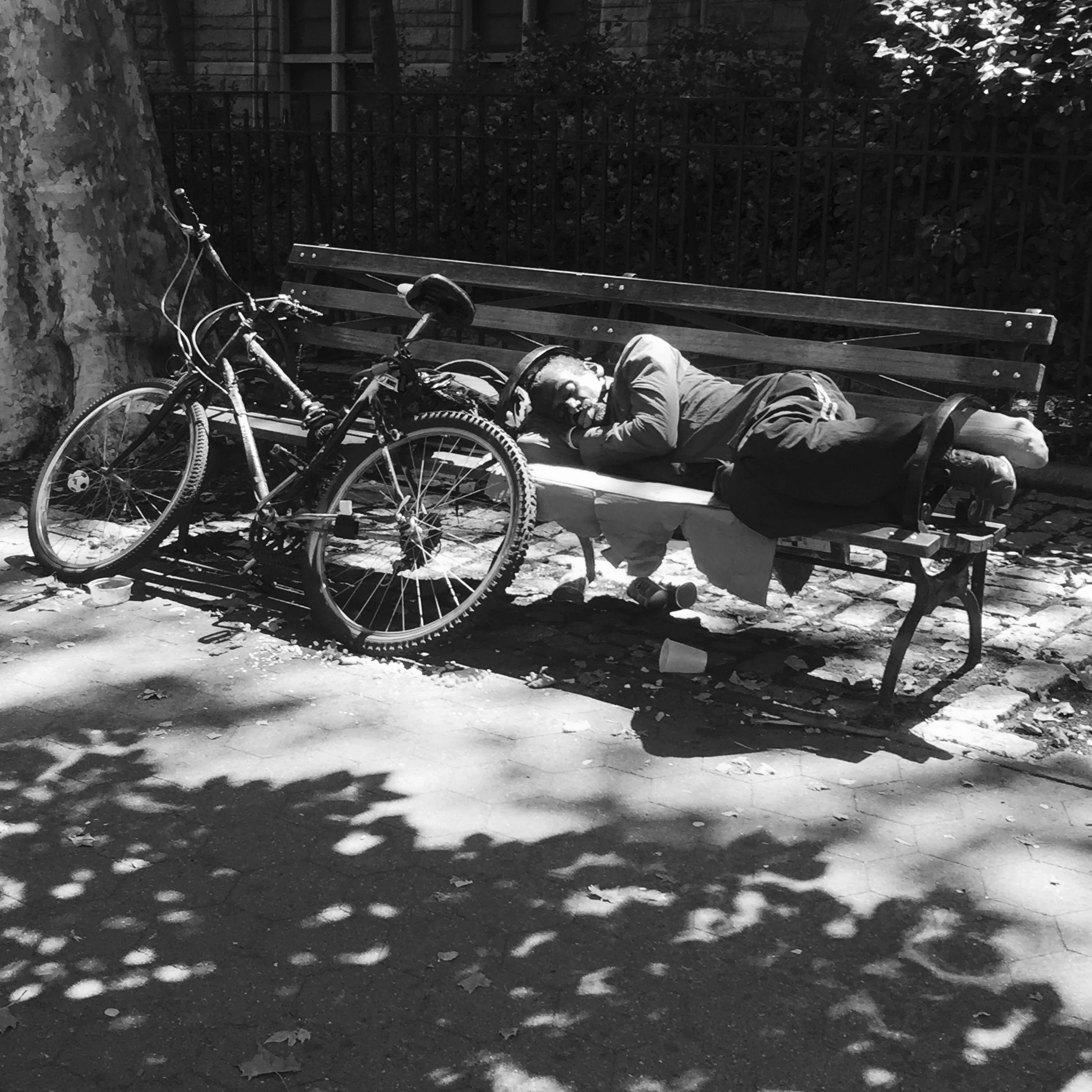 Park Bench and Bicycle -  Black+White Photograph - 12" x 12"