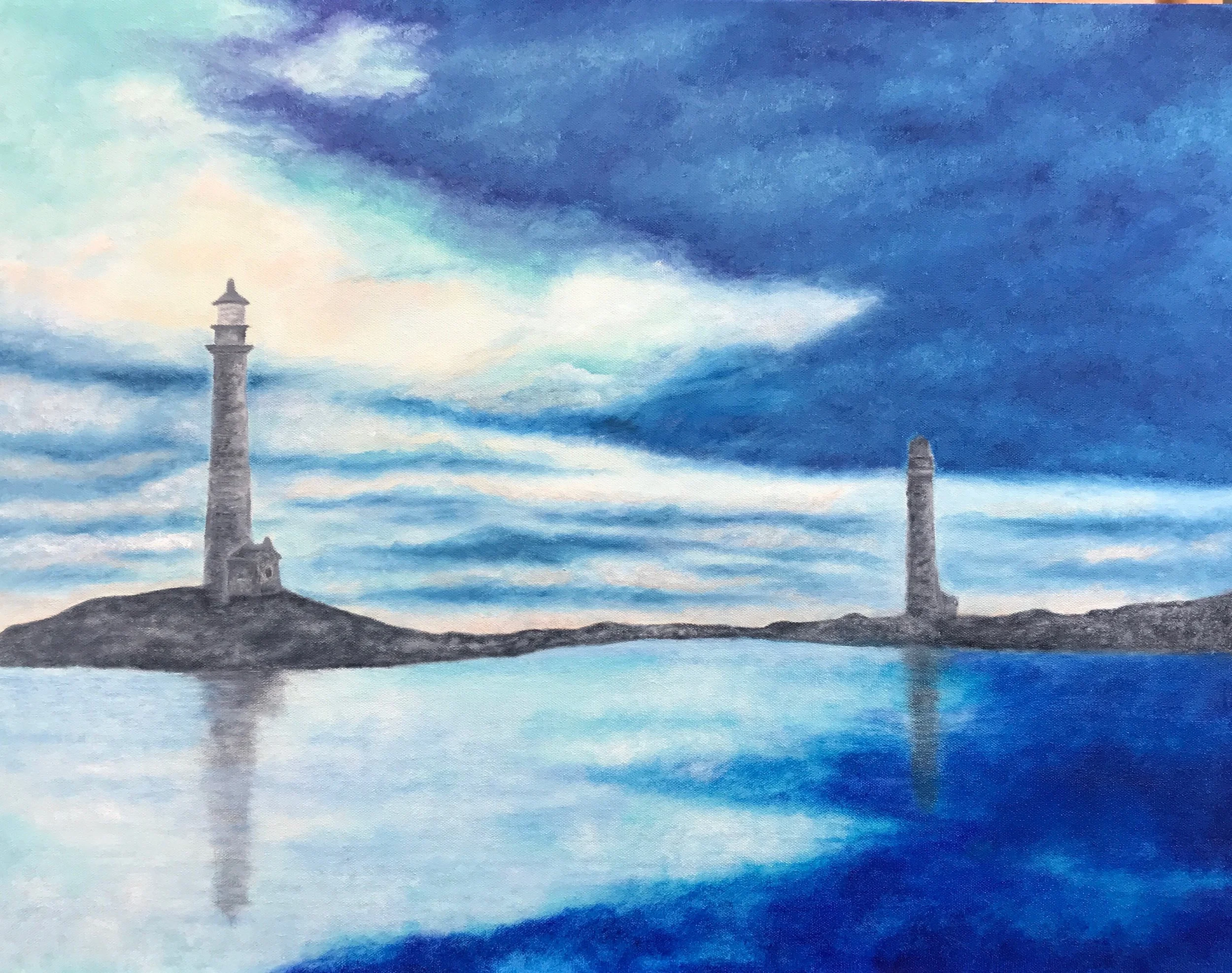 Twin Lighthouses 1 - Oil on Canvas - 22" x 28"