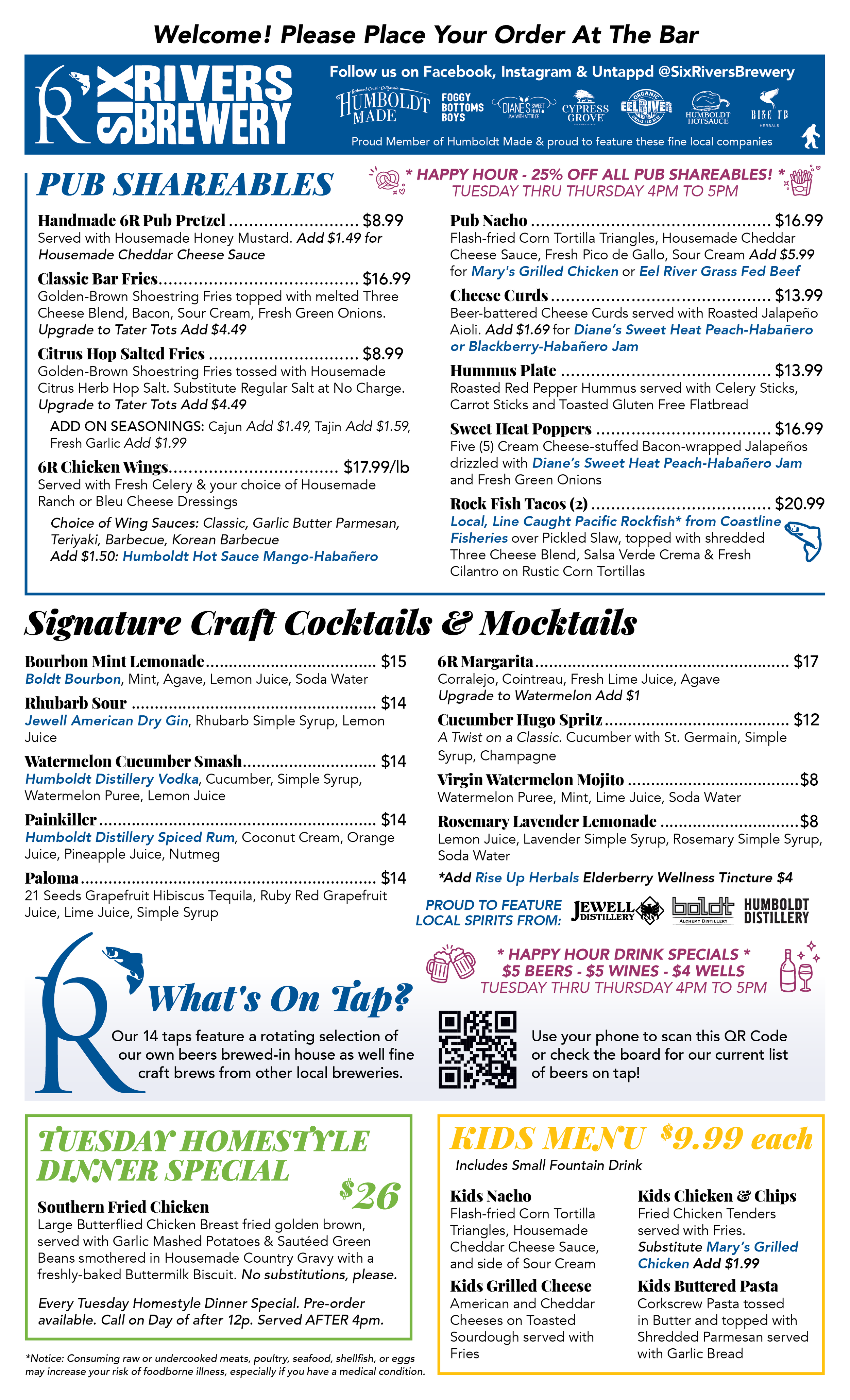 Menu for a restaurant with list of foods and drinks.