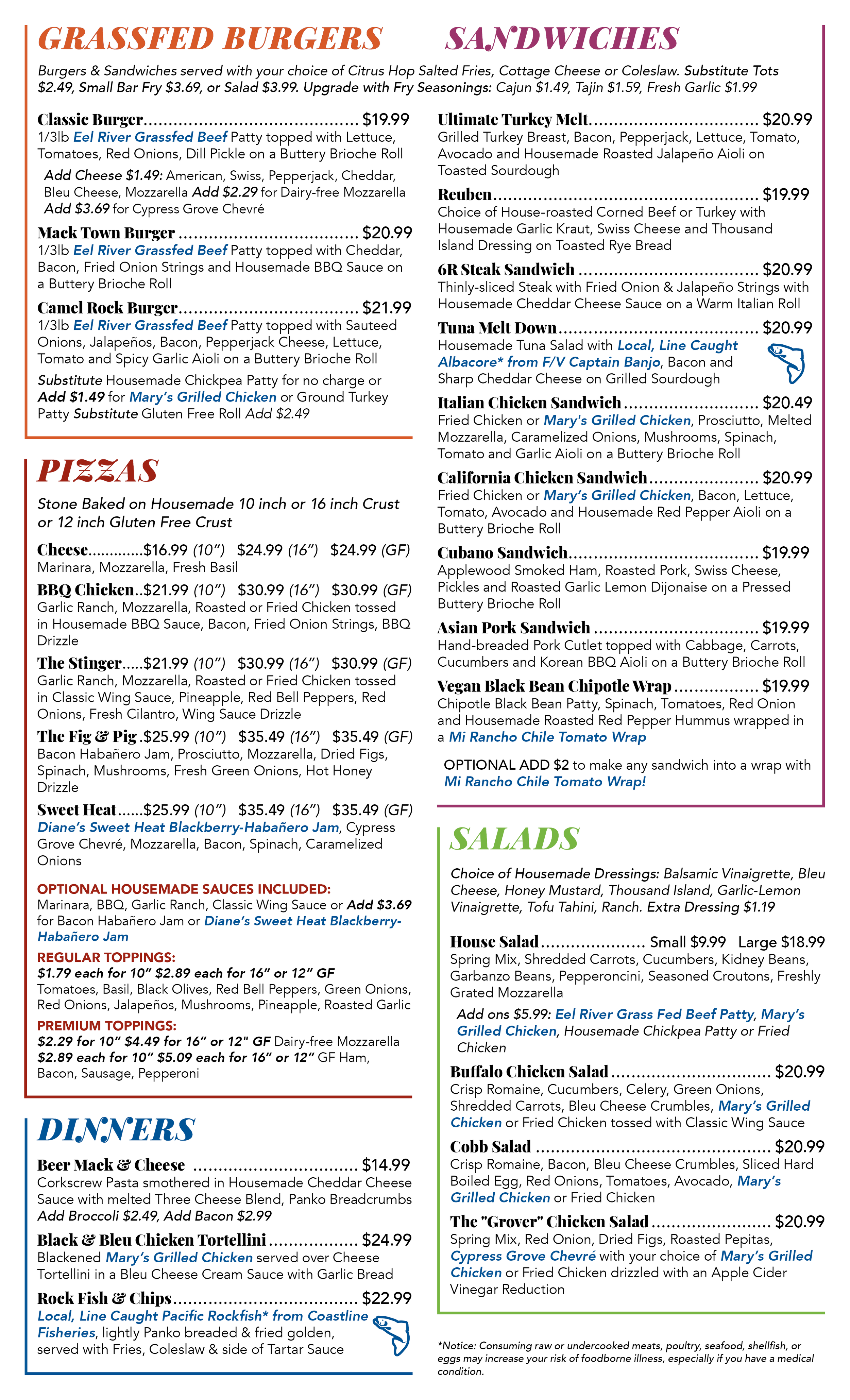 List of menu items burgers, sandwiches, pizzas, salads and dinners