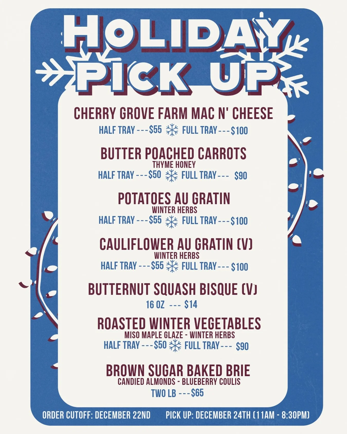 Holiday trays are here 🎄

We&rsquo;re doing Christmas catering this year - think app trays, mains, and dessert that&rsquo;ll handle your holiday hosting or save you from cooking altogether.

Order cutoff is December 22nd, pickup is December 24th.

D