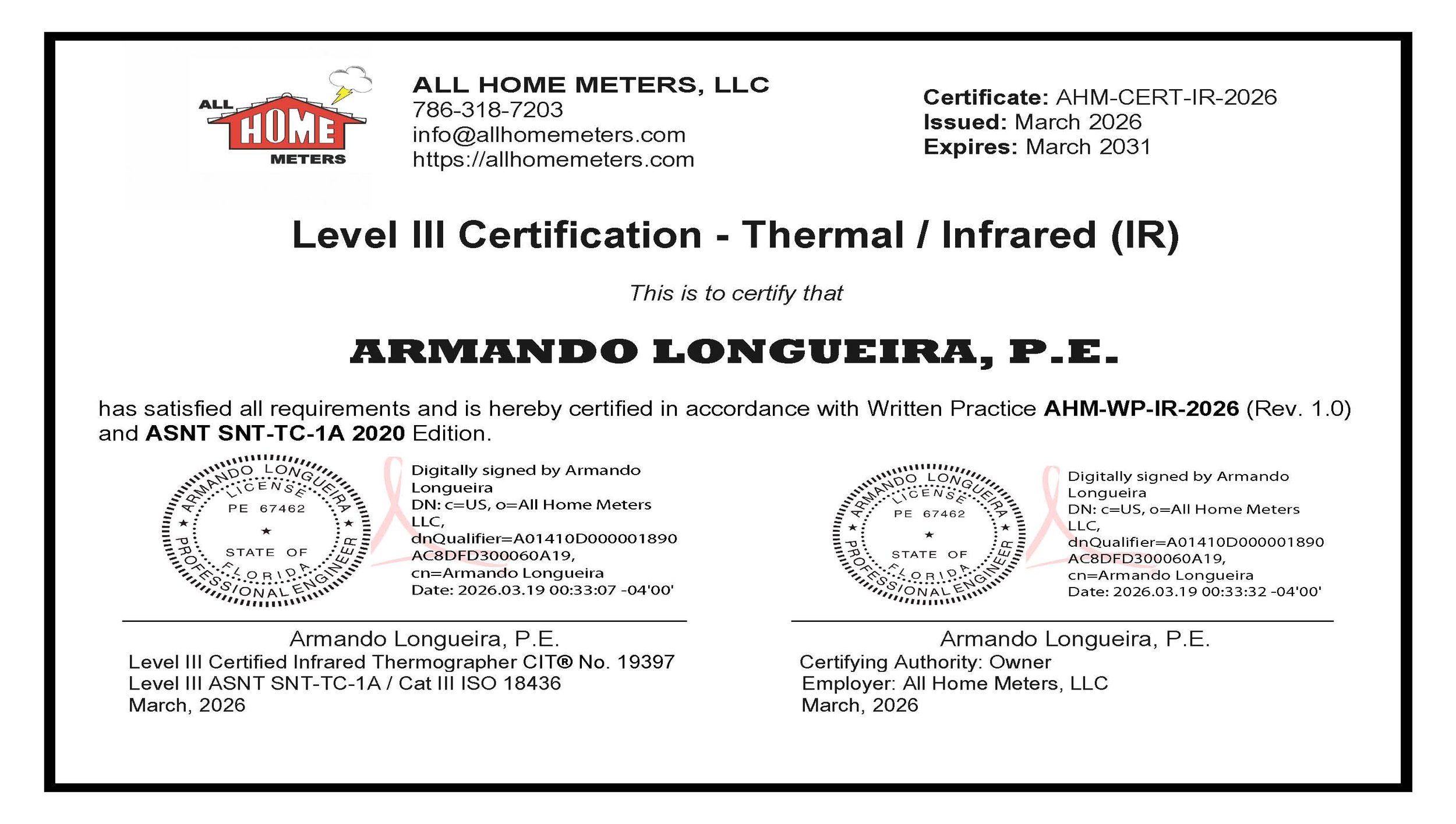 Written Practice AHM-CERT-IR-2026 Thermal / Infrared Testing Method (IR)