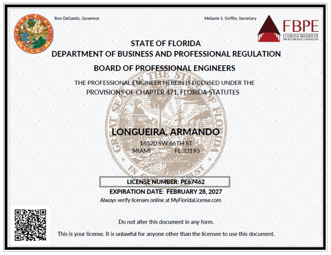 Armando Longueira, P.E. - Florida Professional Engineer License #67462.