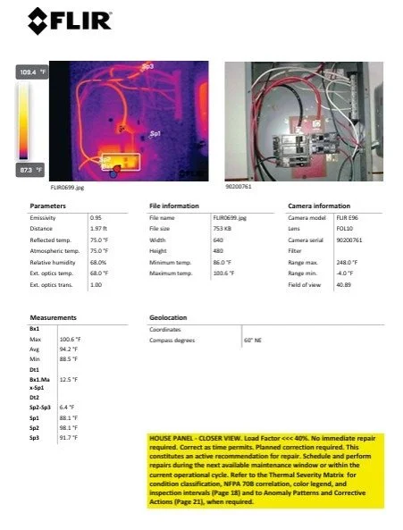 FLIR E96 thermal report page showing a residential electrical panel with a 6.4°F temperature difference between similar parts. Classified Developing/Alert, NFPA 70B Condition 2 — planned correction, recheck within 12 months.