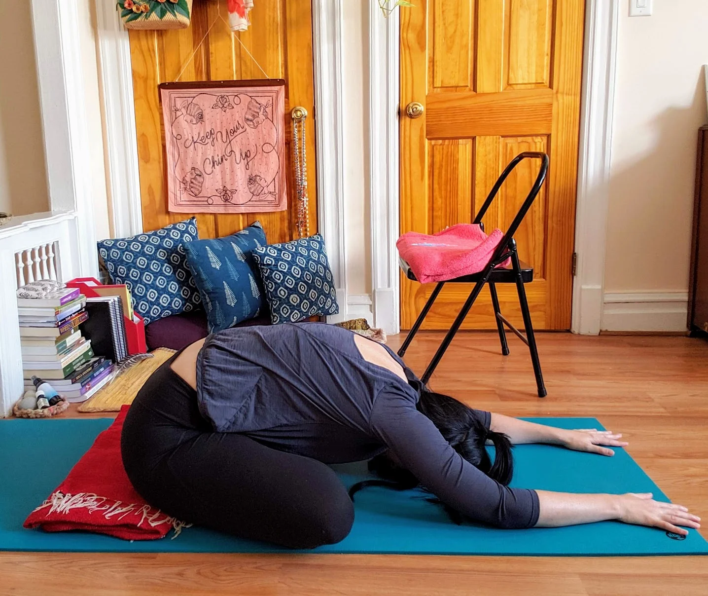 Hinge at hips. Reach forward with chest. Release tension in hips. Rest forehead on mat or on a block.