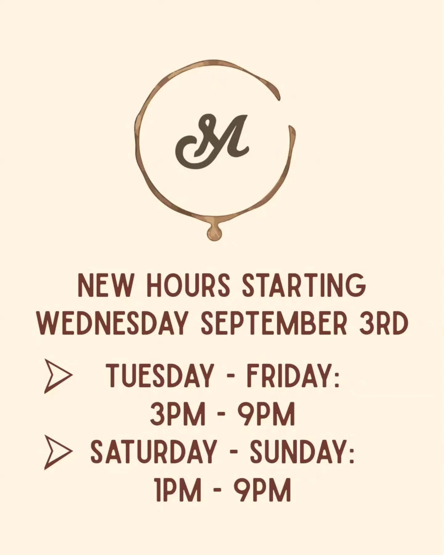 ☀️ New hours starting September 3rd ☀️ We will be closed on Tuesday 2nd and after that back to being closed every Monday. We will be open from 3pm to 9pm Tuesdays to Fridays and from 1pm to 9pm Saturdays &amp; Sundays.