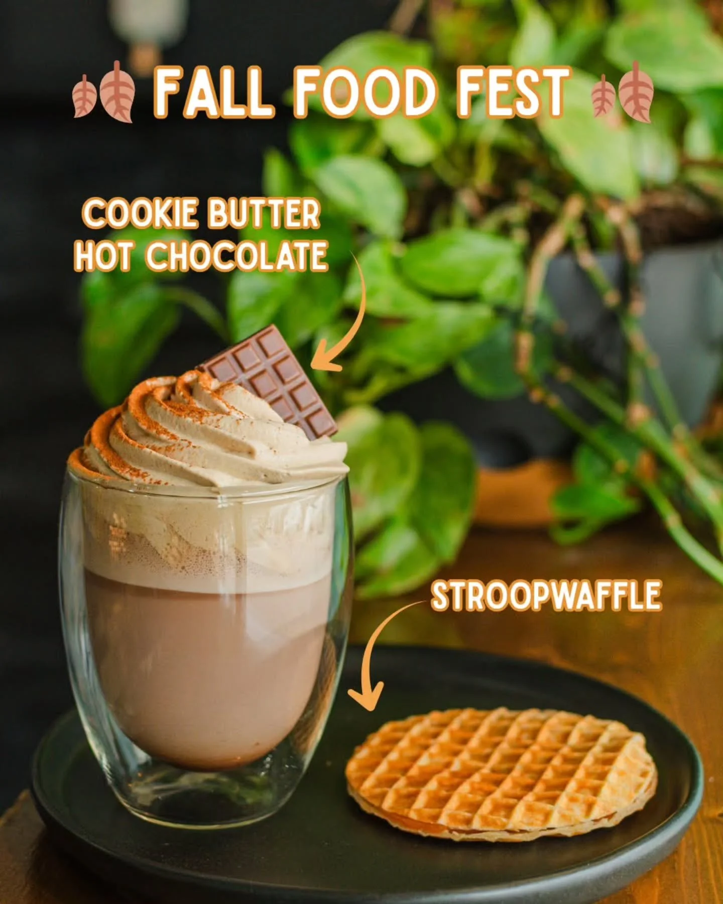 We are part of the Fall Food Fest 🍂 

We are offering a Cookie Butter Hot Chocolate and a Stroopwaffle. Vegan options are available for both. The festival has already started and will end on November 9th.

A third item will be available from October