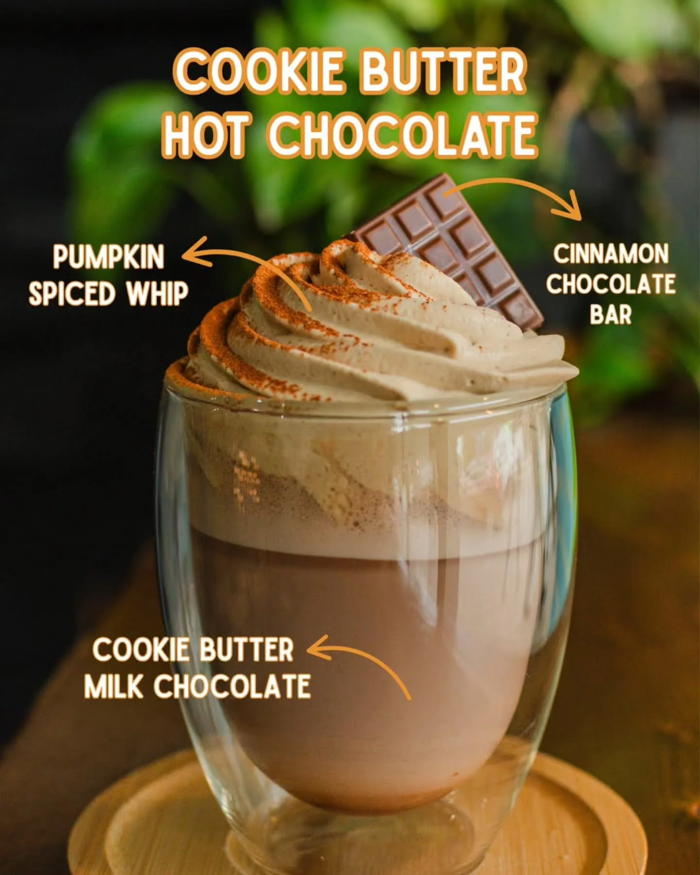 🍂☔ Cookie Butter Hot Chocolate ☔🍂
This is our first item of the Fall Food Fest. It's a house made cookie butter milk chocolate with a pumpkin spiced whip on top and a teeny tiny cinnamon chocolate bar.
The vegan option is an oat milk based cookie b