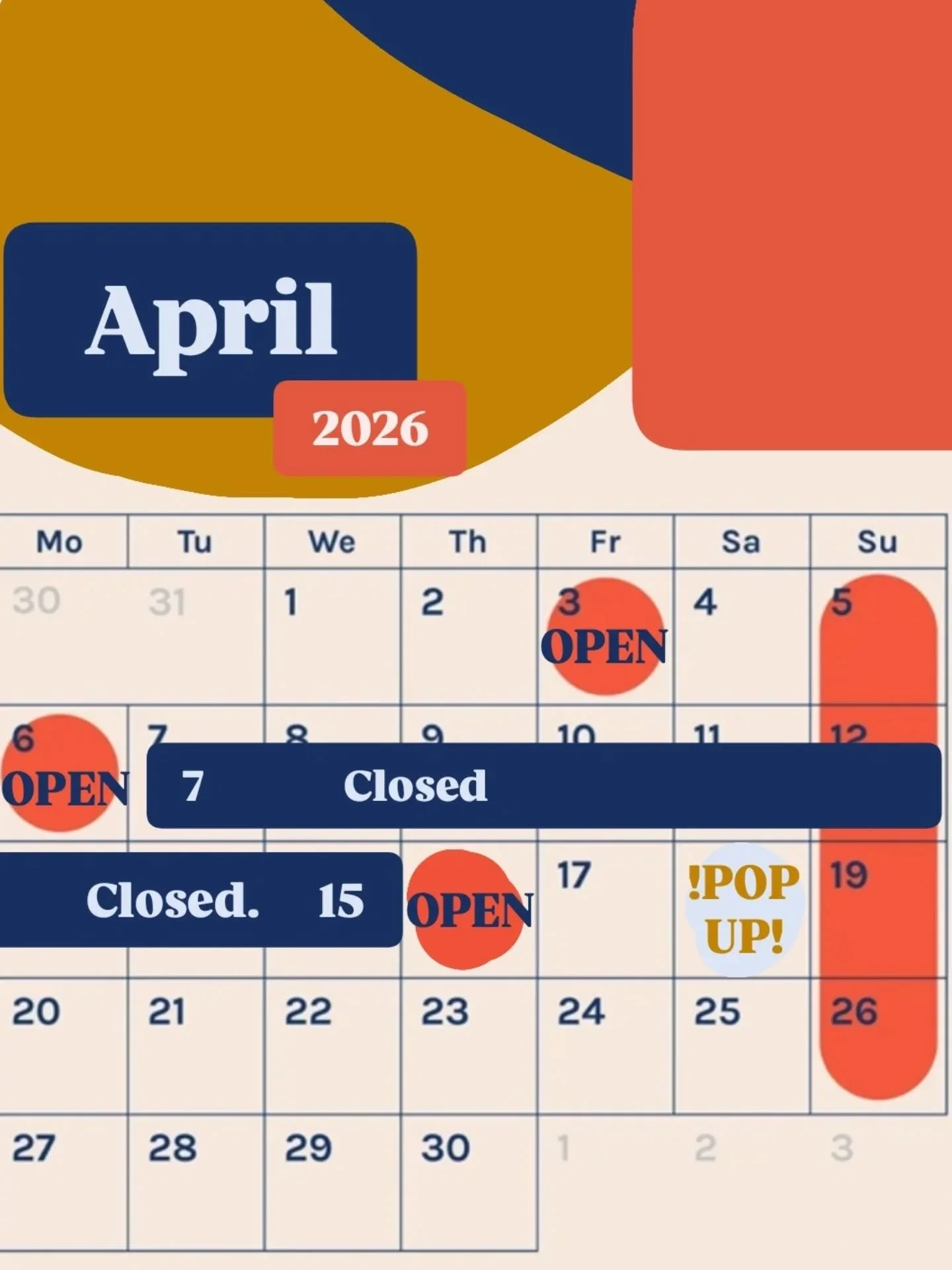 April's schedule
 It is a bit unusual as we work on some improvements 
.
We will be open Easter Monday, 3-9 pm
.
Closed for a week for a bit of an internal upgrade
.
Back to spring  hours on the 16th as we roll out some new projects ( sneak peek for 