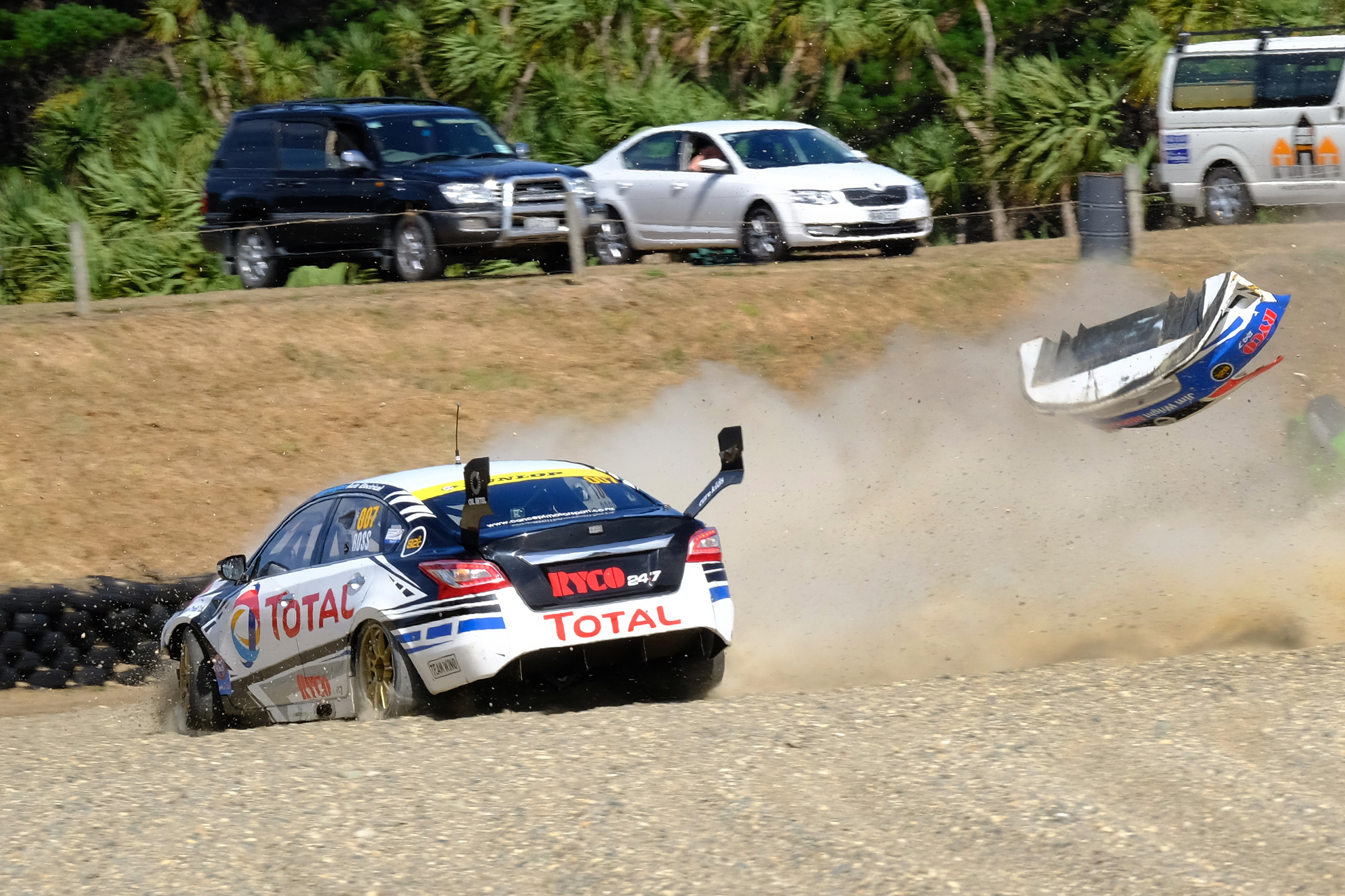 A scary moment for Nick Ross and his Total Lubricants Nissan Altima at Teretonga.&nbsp; Photo Credit Geoff Ridder.