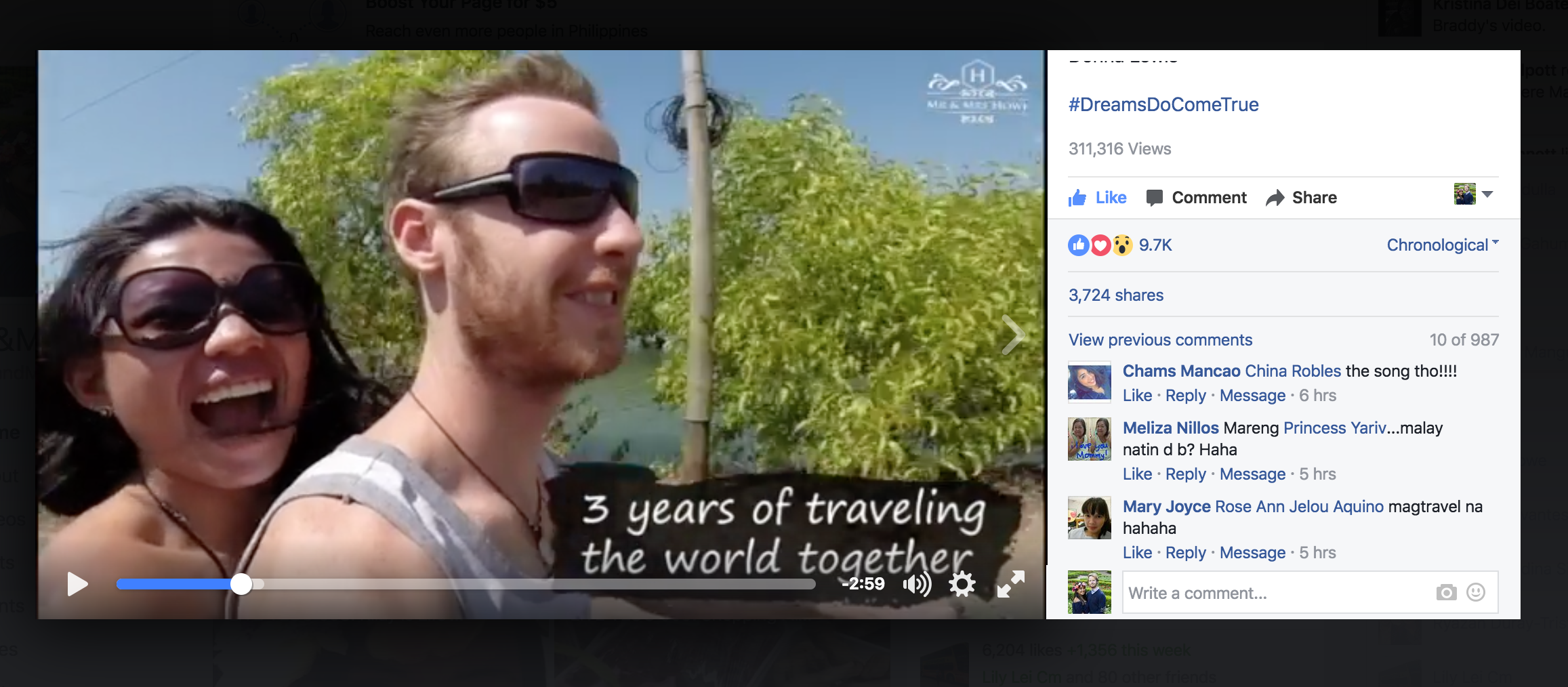 Our love story video that we boosted on Facebook for November.. it already has 311,316 views / 3,724 shares / 9,700+ Likes and 987 comments! It's our true story but if you won't pay Facebook to boost then not a lot of people would see it.. they have millions of users!