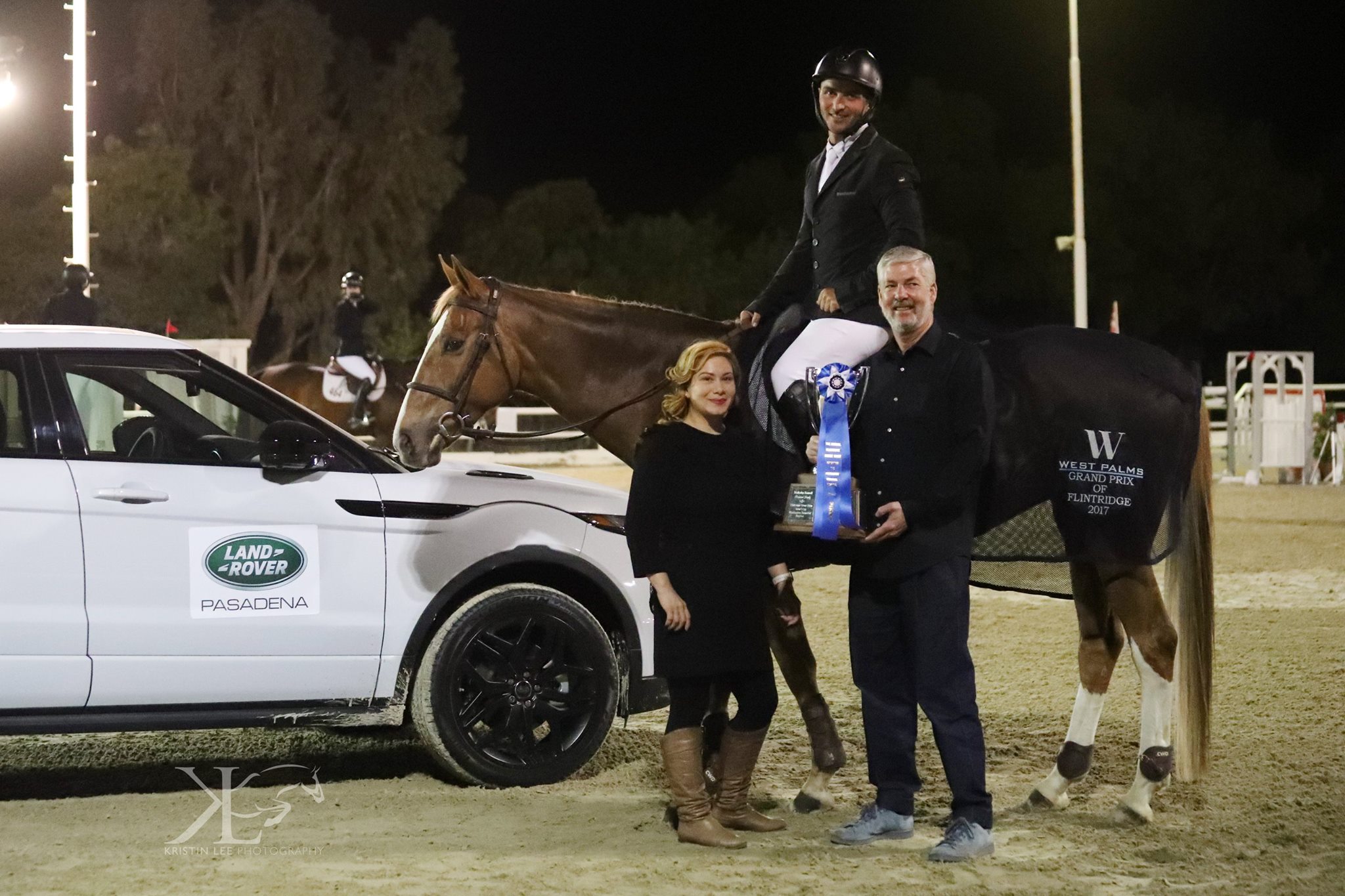 Congratulations to $15,000 Grand Prix of Flintridge Winner, Kevin Winkel and Osophia with Lorriane Macis and Dan Gaby. West Palms Events Photo © Kristin Lee Photography LLC — with Land Rover at Flintridge Riding Club.