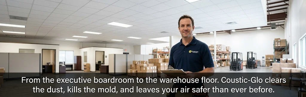 image explaining from the executive boardroom to the warehouse, coustic Glo clear the dust, kills the mold and leaves your air safer with ceiling restoration.