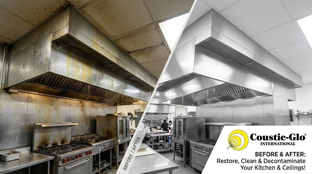 Commercial ceiling and stainless steel restoration in an industrial kitchen by Coustic Glo