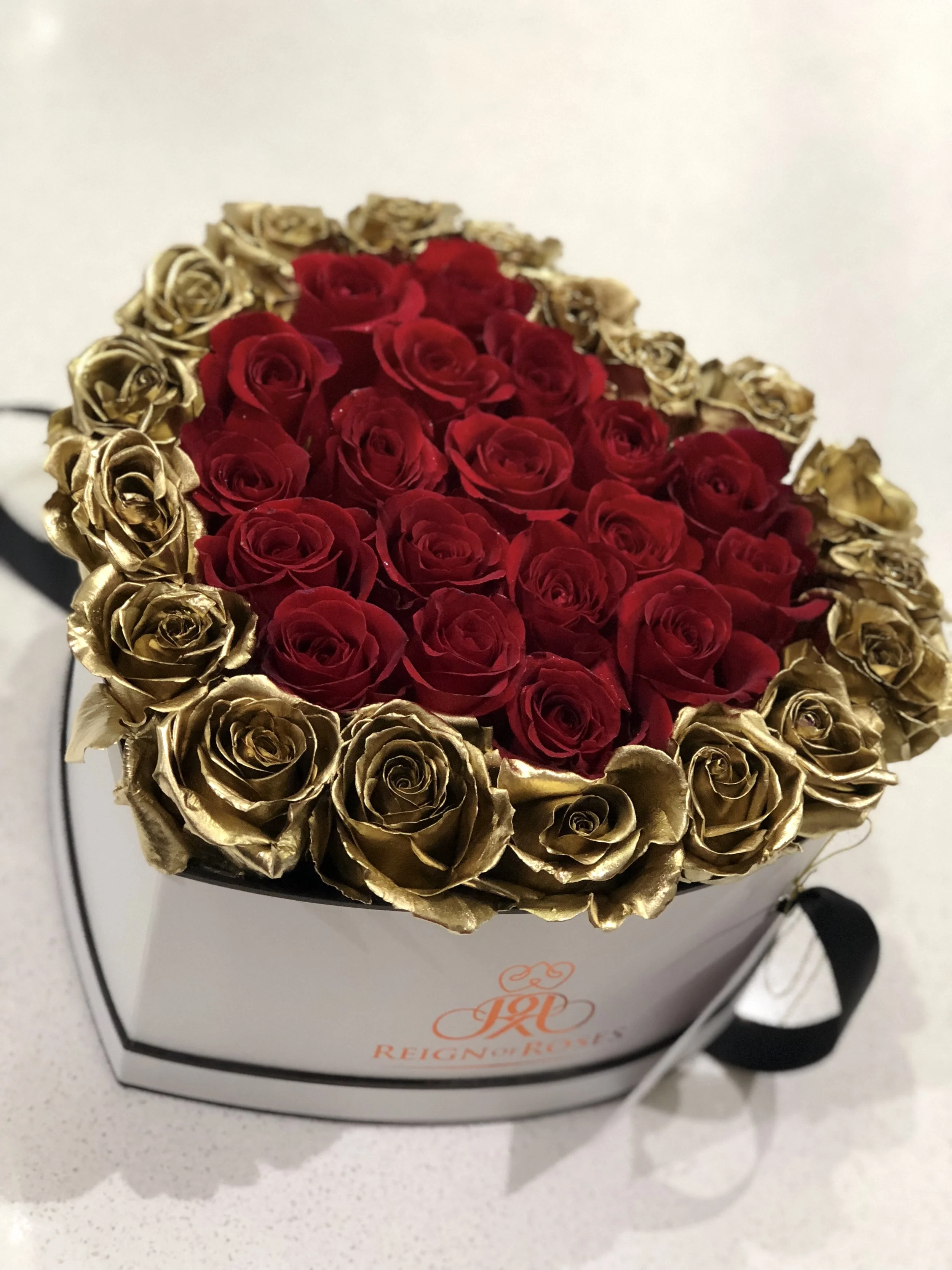 Red &amp; Gold Heart Box 35 Roses