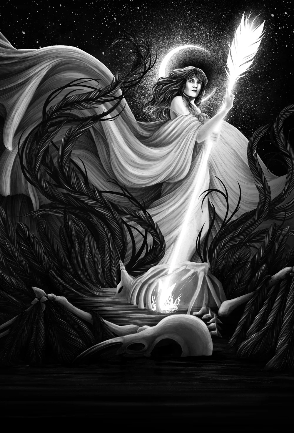 I always do a black and white image and add color digitally. A little easier to control dramatic lighting that way.