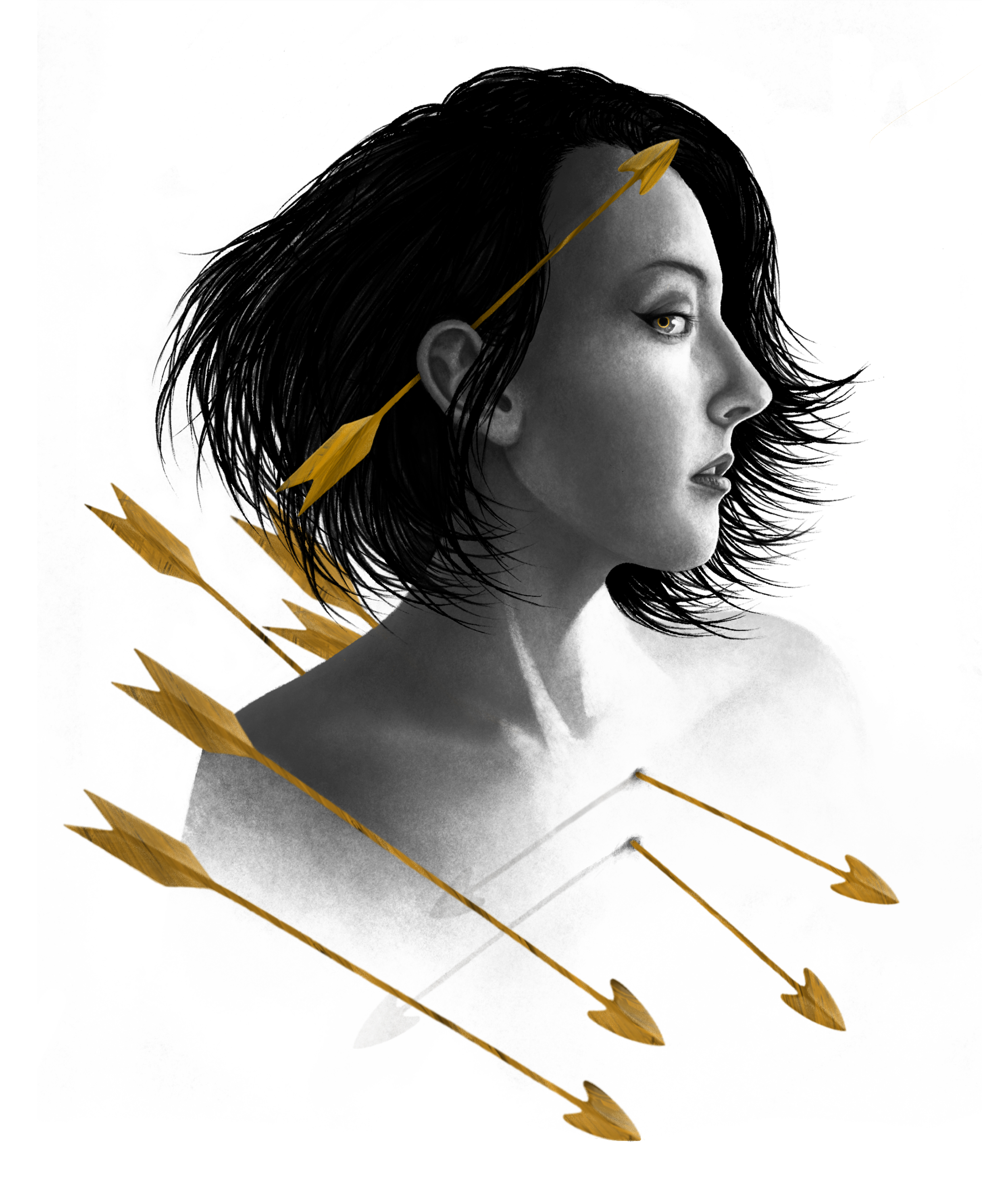 Black and white portrait of a woman in profile. Arrows puncture through her torso. She holds one arrow behind her ear and glances behind her. Arrows and her eye are gold.