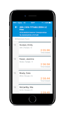 Access real-time start lists, psych sheet rankings, meet timelines and programs.